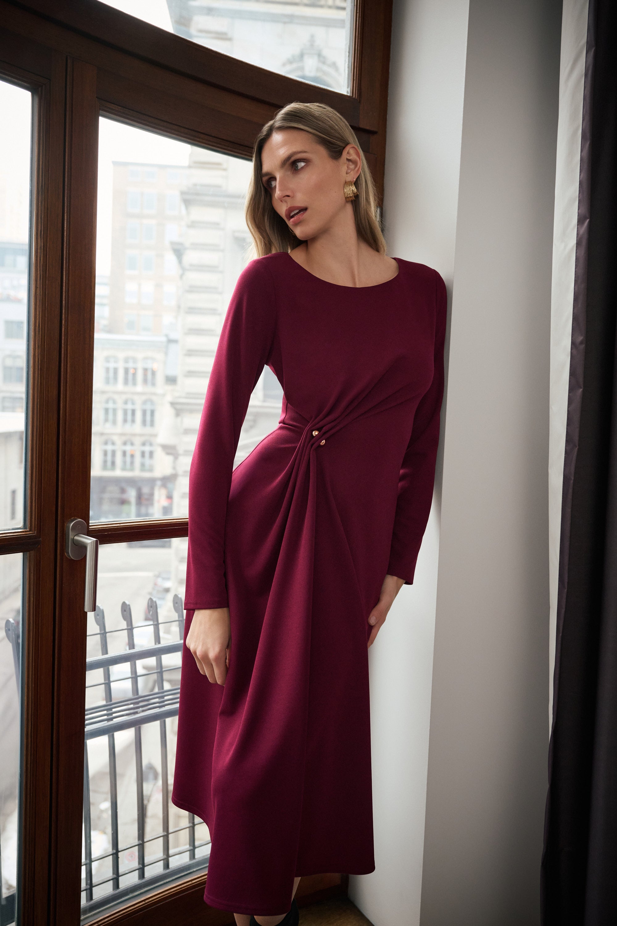 Scuba Crepe Draped Front Sheath Dress