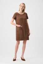 Embroidered Suede Boat-Neck Shift Dress