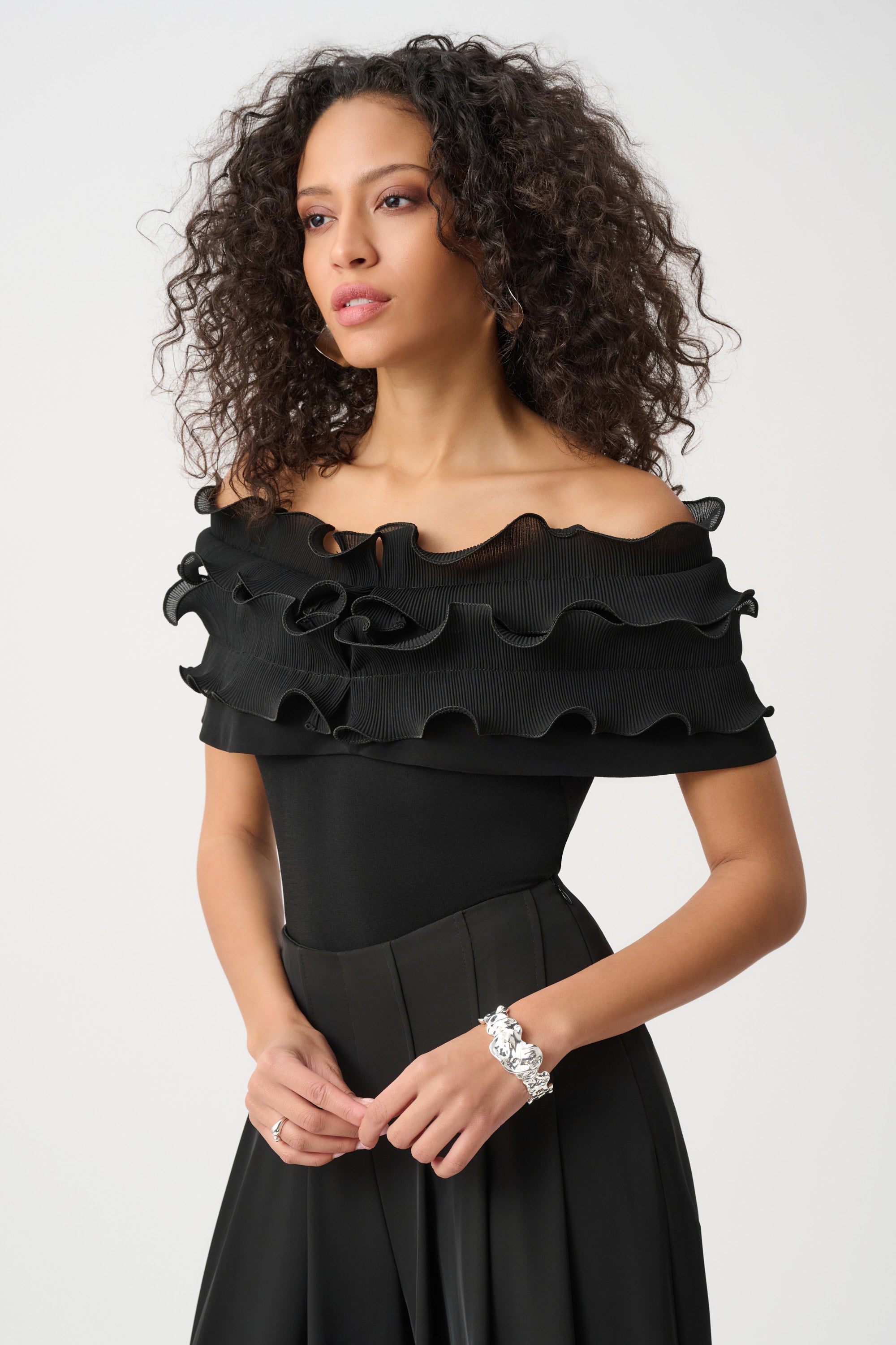Silky Knit Off-Shoulder Top With Ruffles