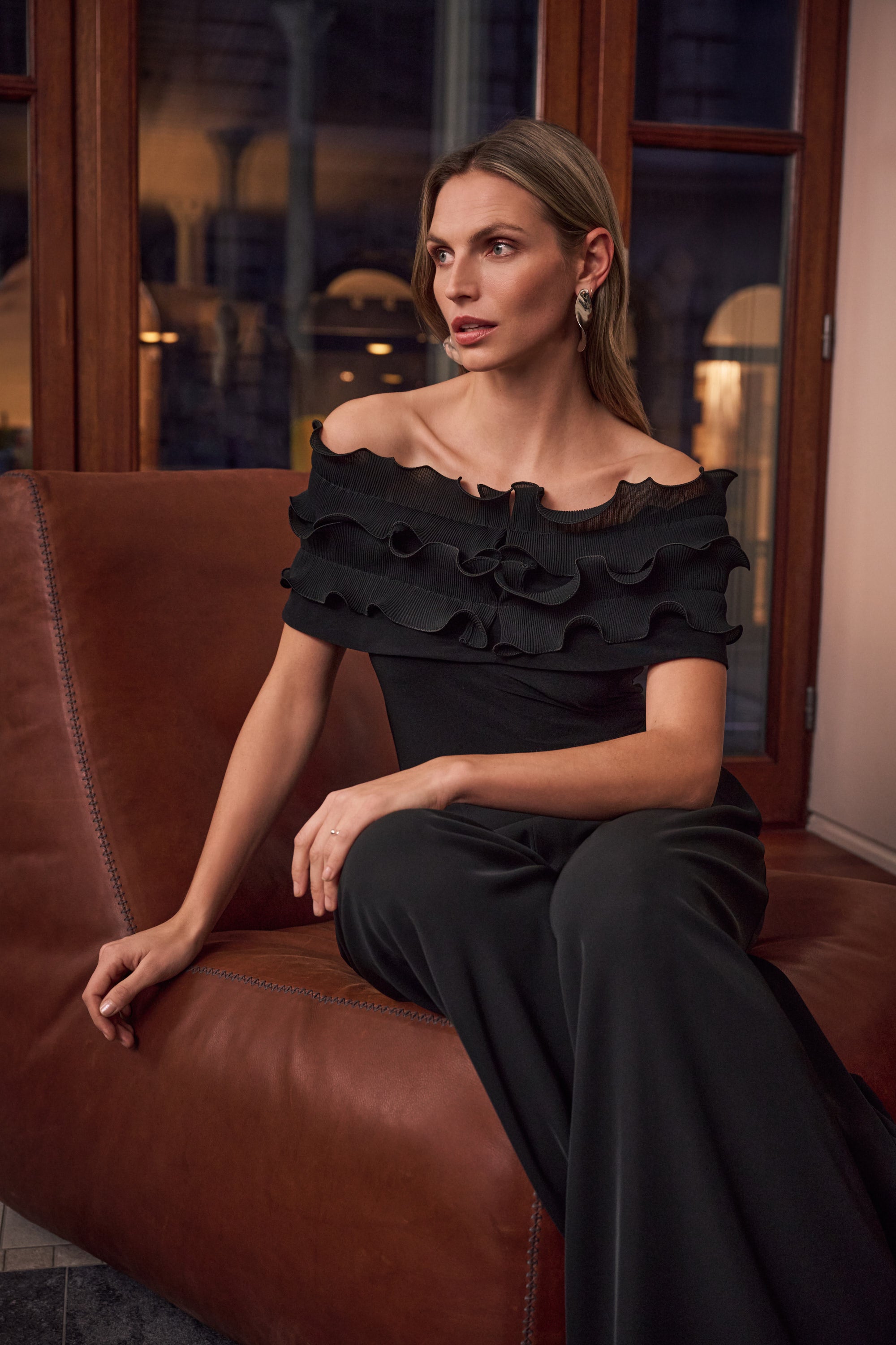 Silky Knit Off-Shoulder Top With Ruffles