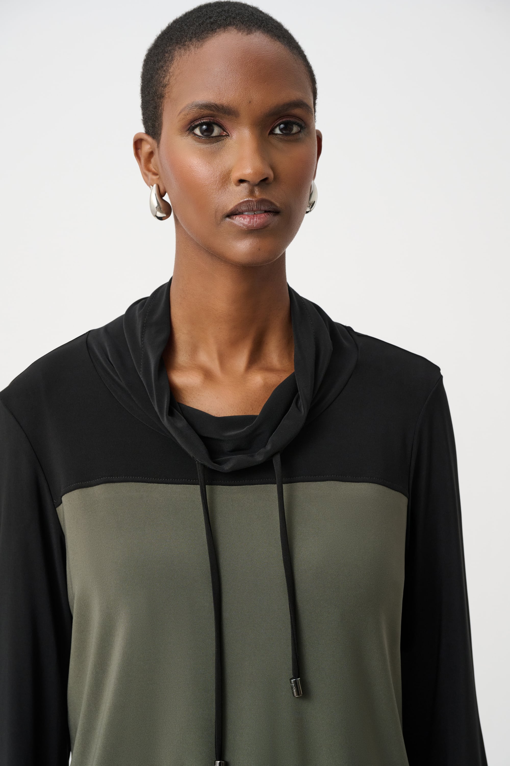 Silky Knit Color Block Funnel-Neck Tunic