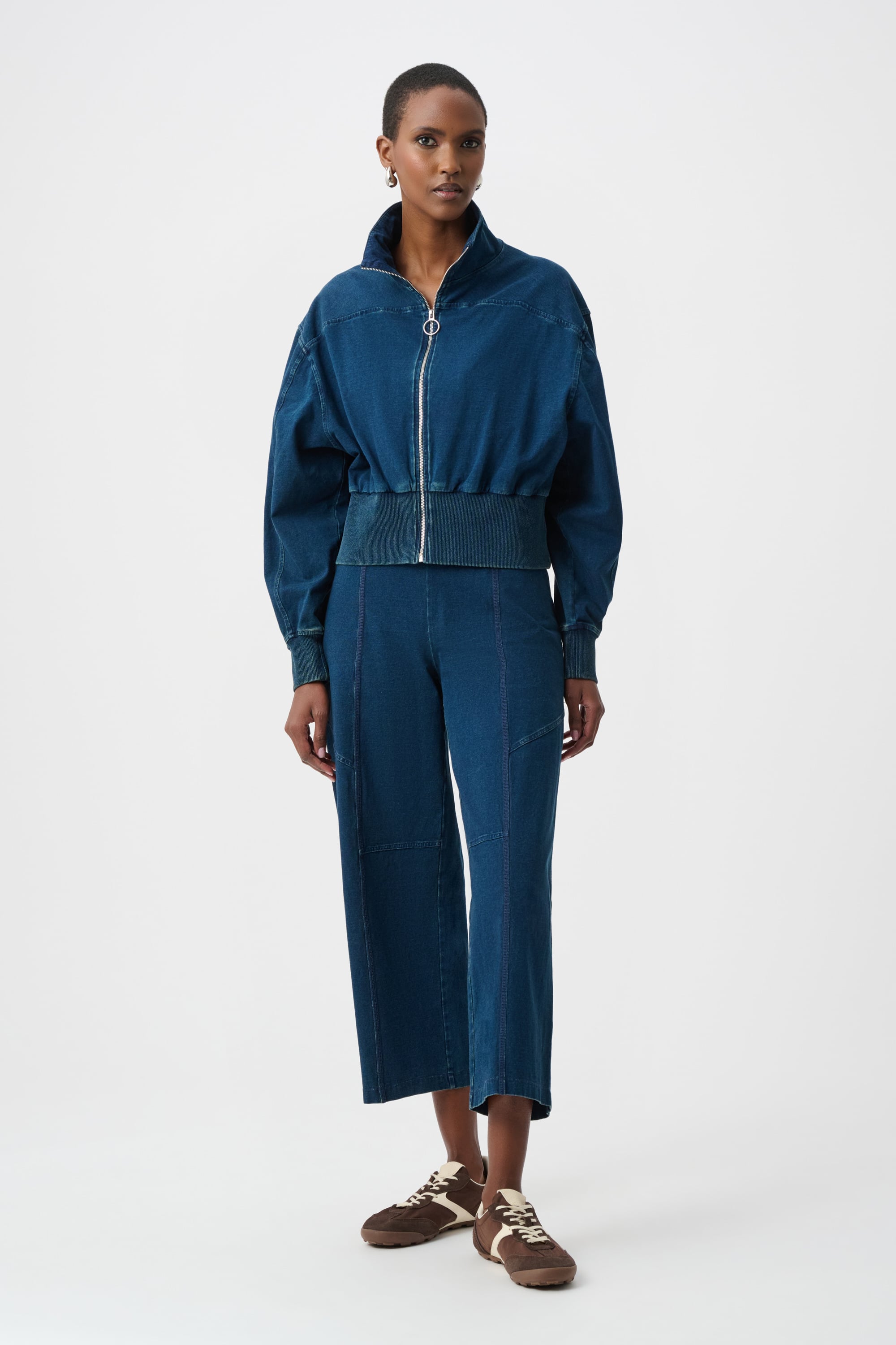 Knit Denim Funnel-Neck Bomber Jacket