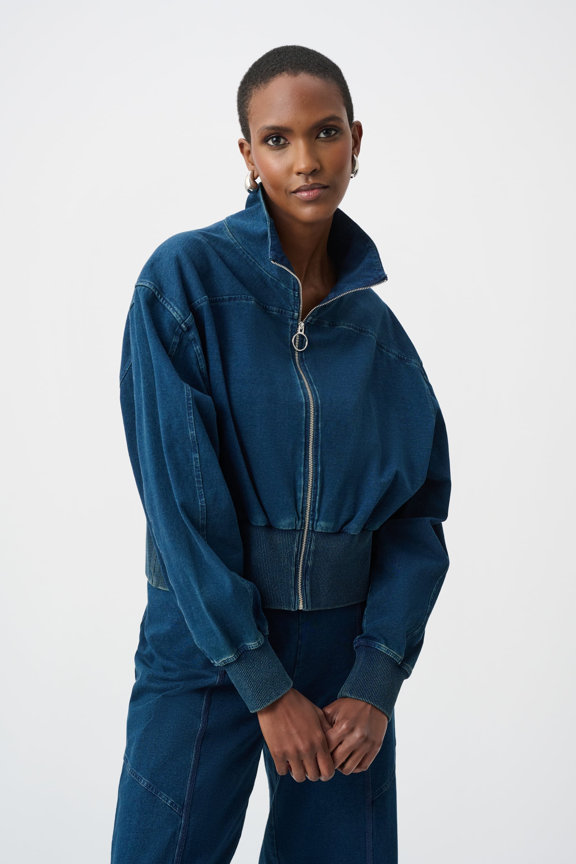Knit Denim Funnel-Neck Bomber Jacket