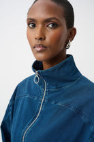 Knit Denim Funnel-Neck Bomber Jacket