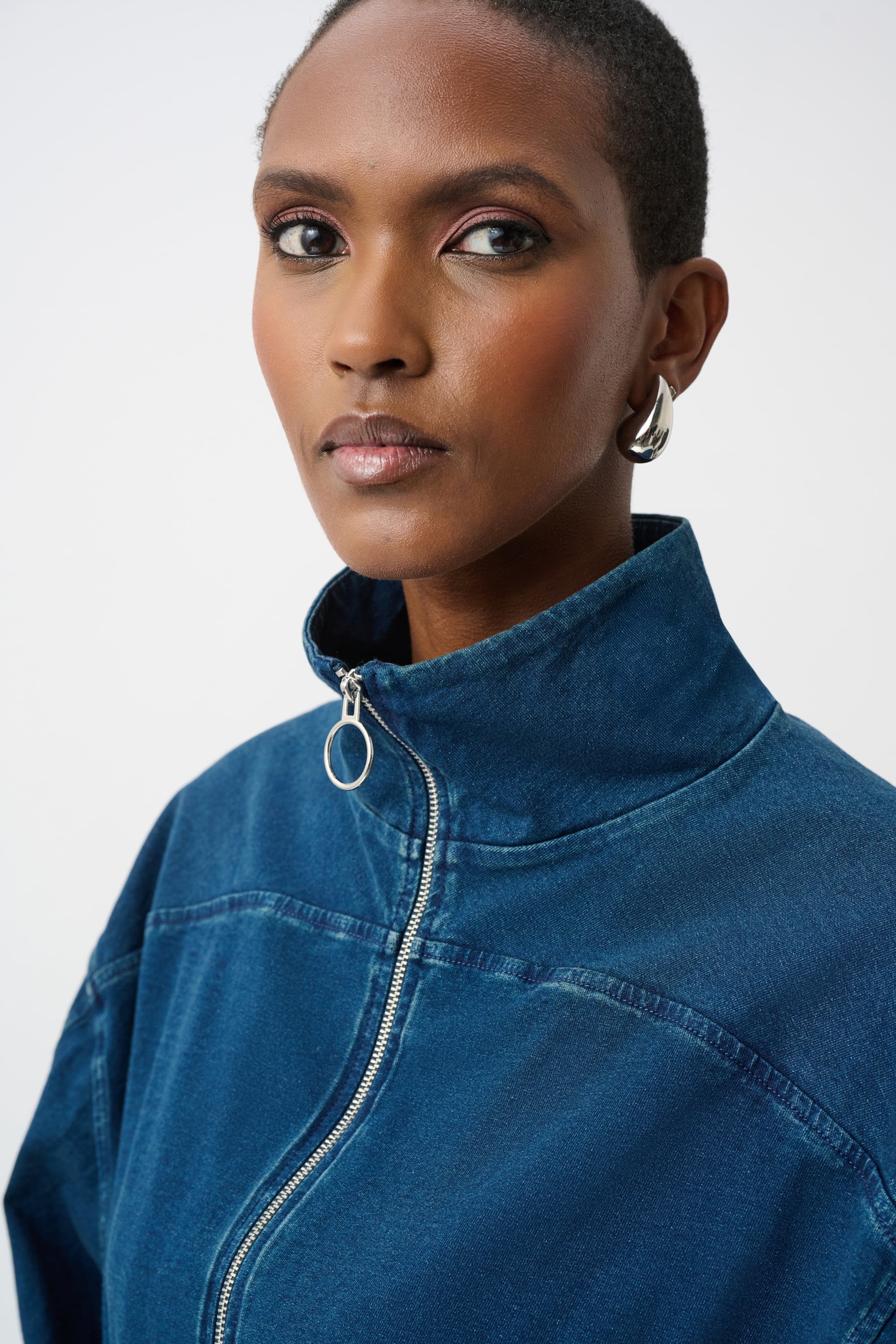 Knit Denim Funnel-Neck Bomber Jacket