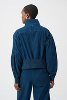 Knit Denim Funnel-Neck Bomber Jacket