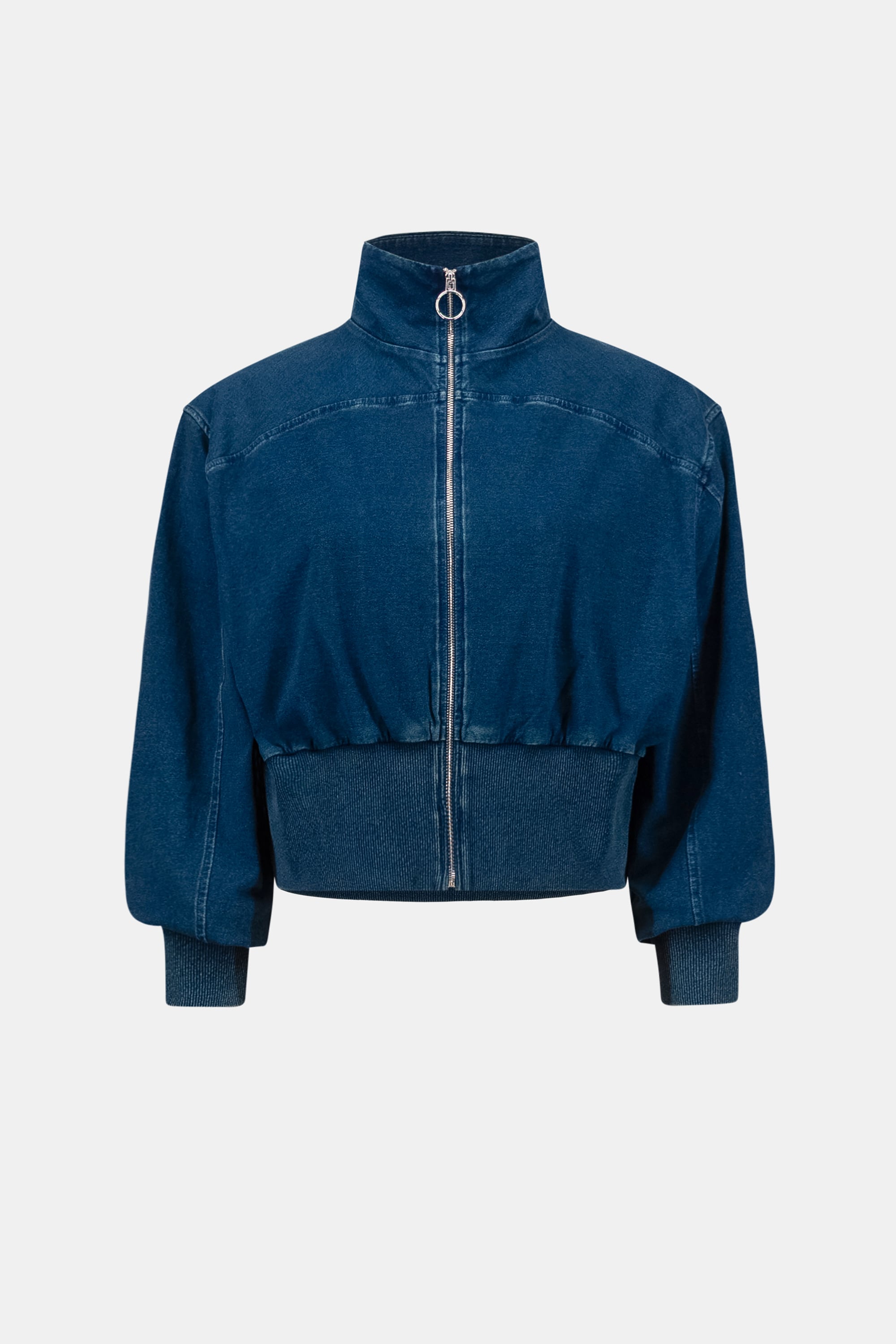 Knit Denim Funnel-Neck Bomber Jacket