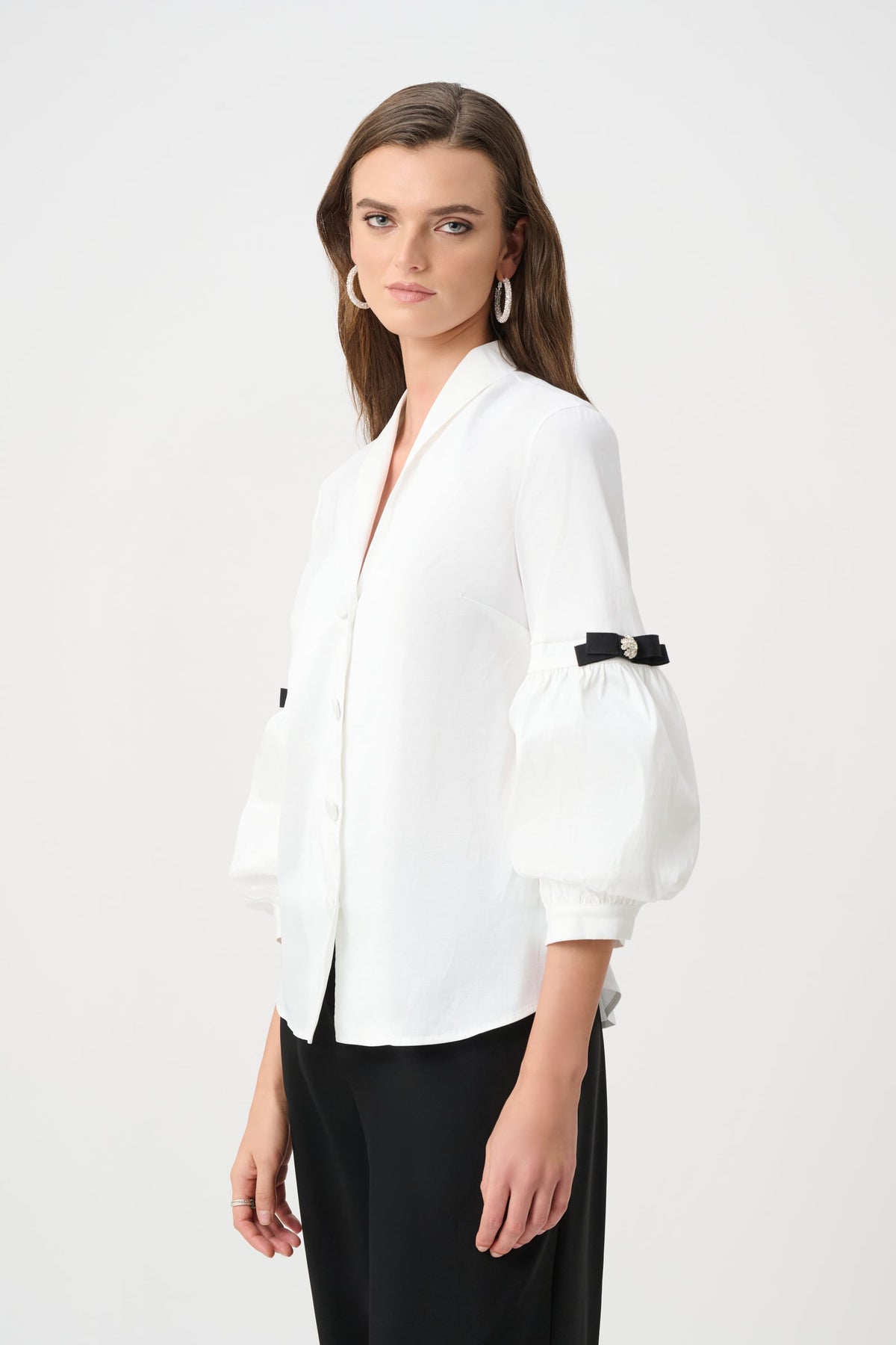 Joseph Ribkoff Signature | Stretch Taffeta Fitted Blouse With Rhinestone Buttons-263744, Vanilla