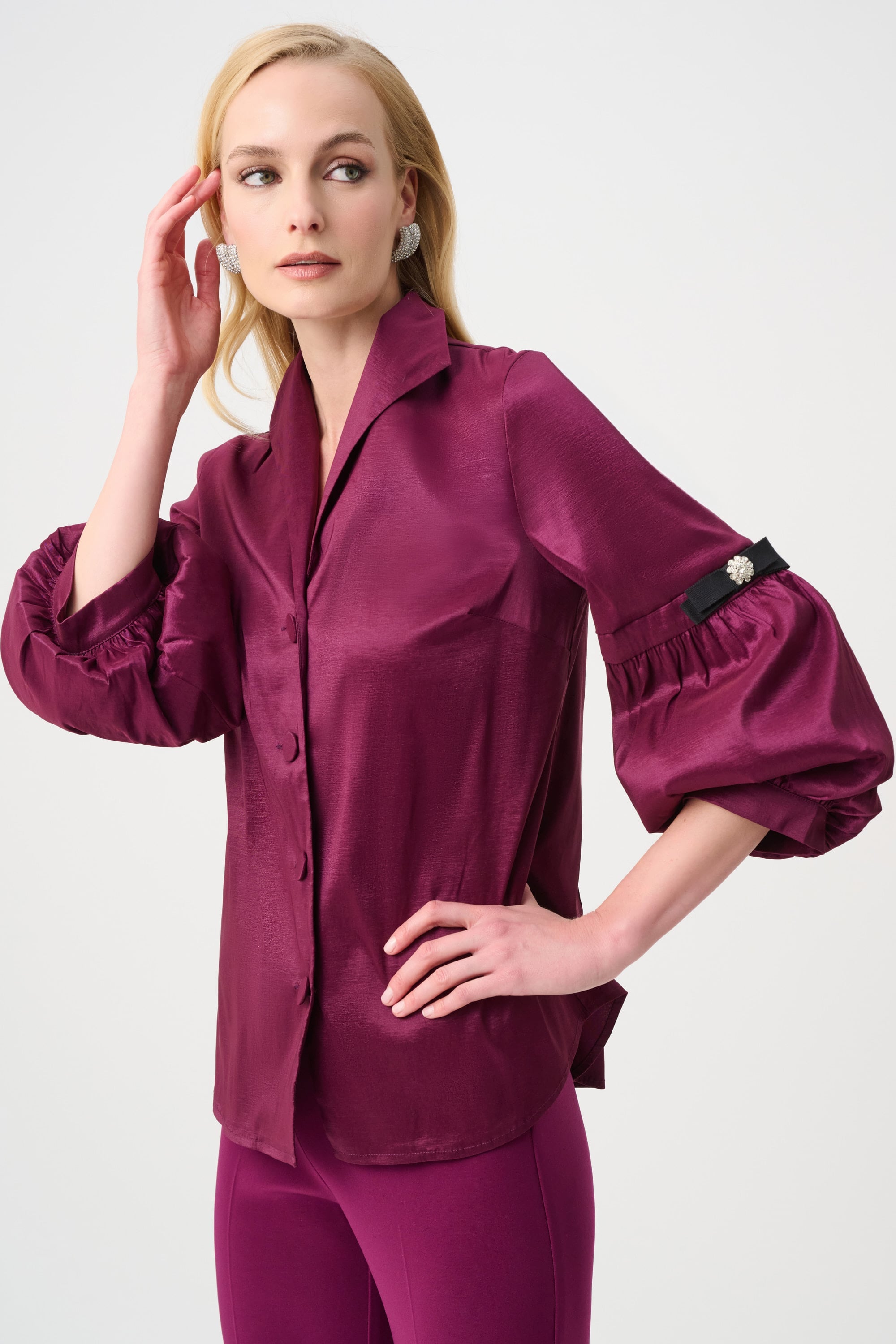 Signature | Stretch Taffeta Fitted Blouse With Rhinestone Buttons