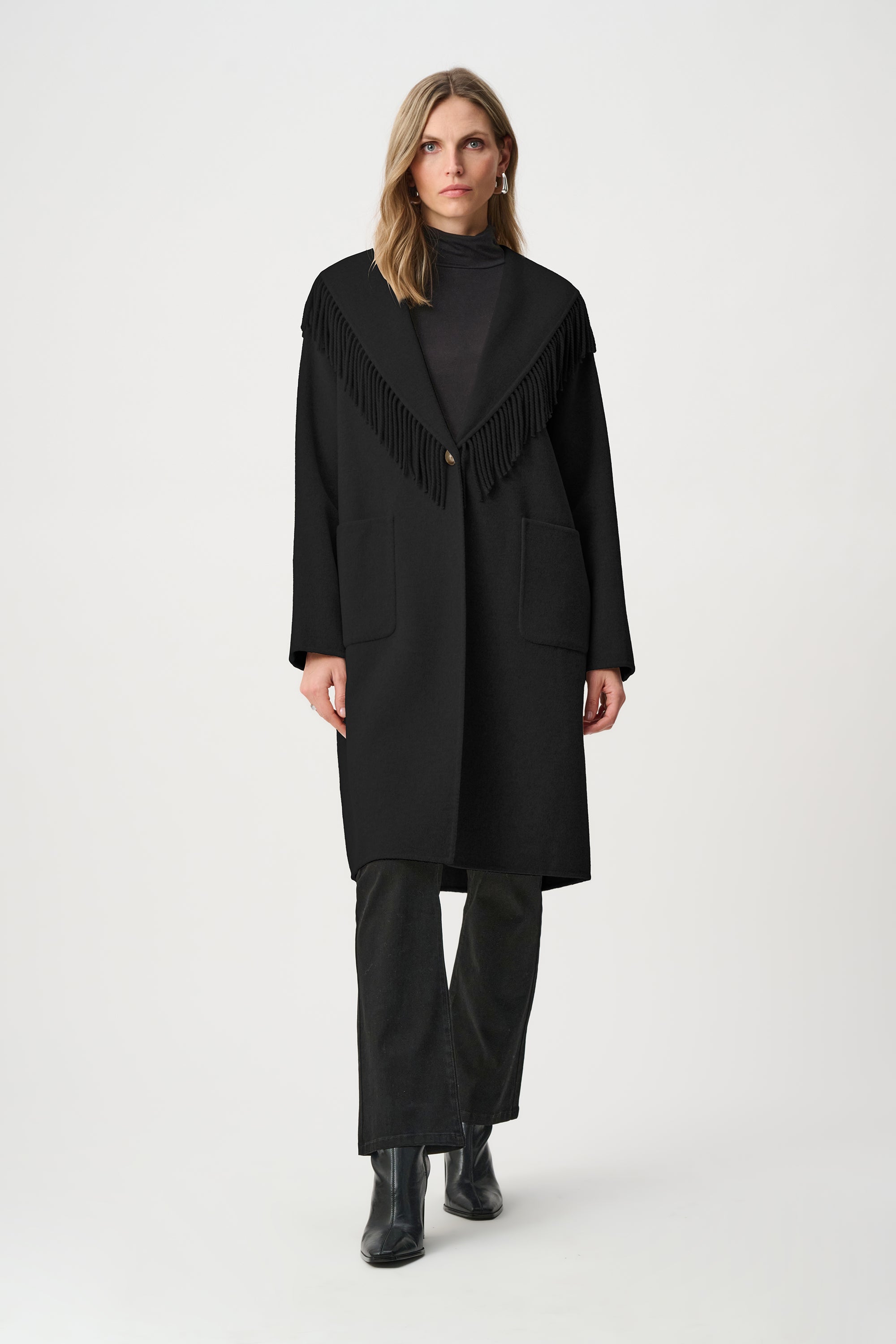 Wool Blend Shawl Collar Fringed Coat