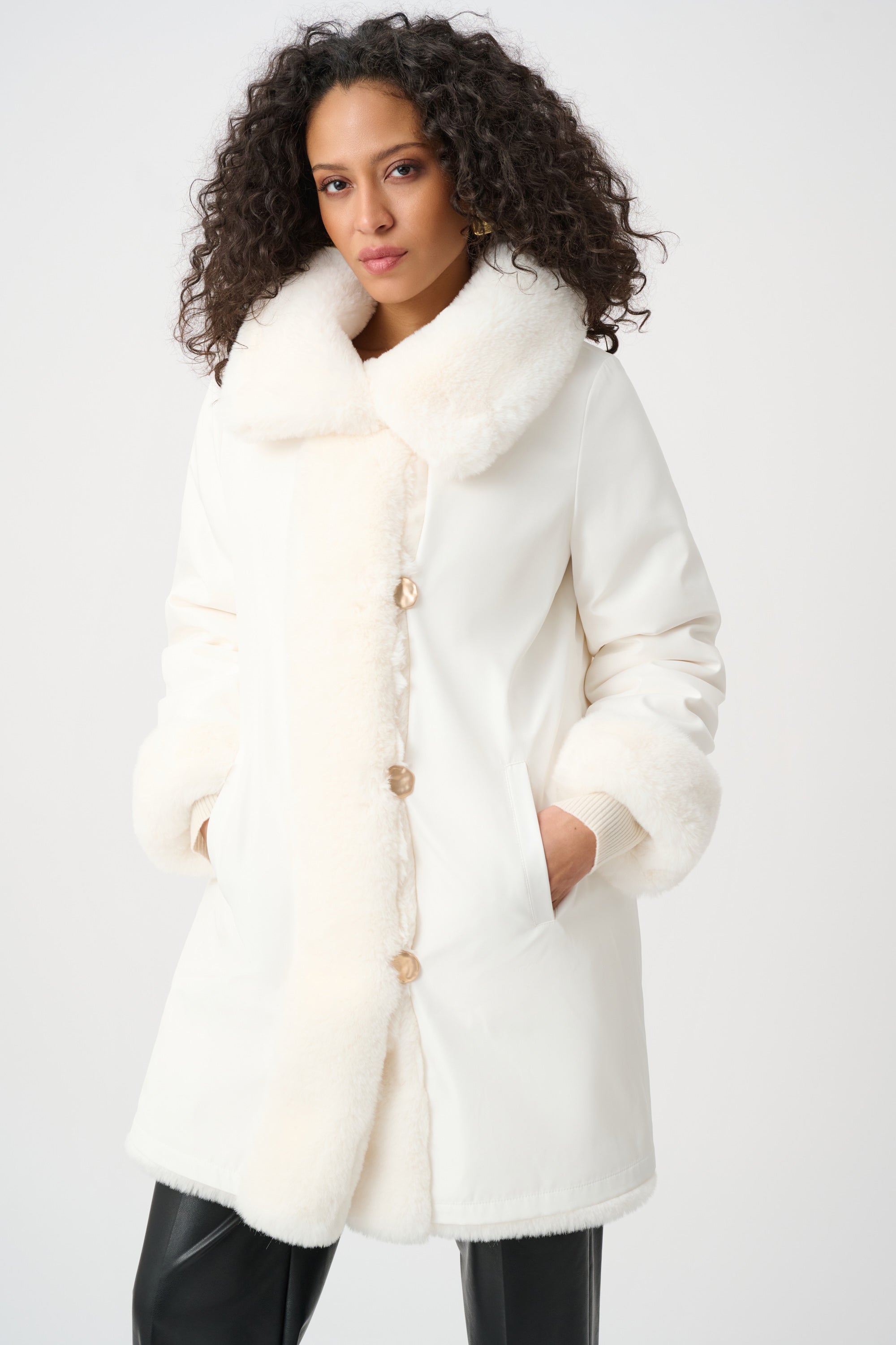 Textured Faux Fur Funnel-Neck Reversible Coat