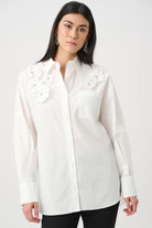 Cotton Poplin Blouse With 3D Flower and Rhinestone Detail