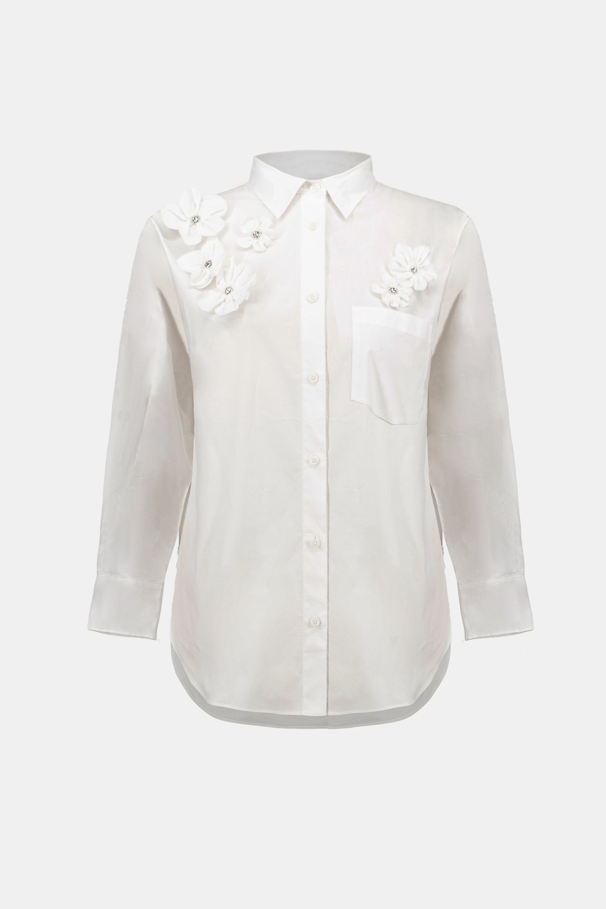 Cotton Poplin Blouse With 3D Flower and Rhinestone Detail