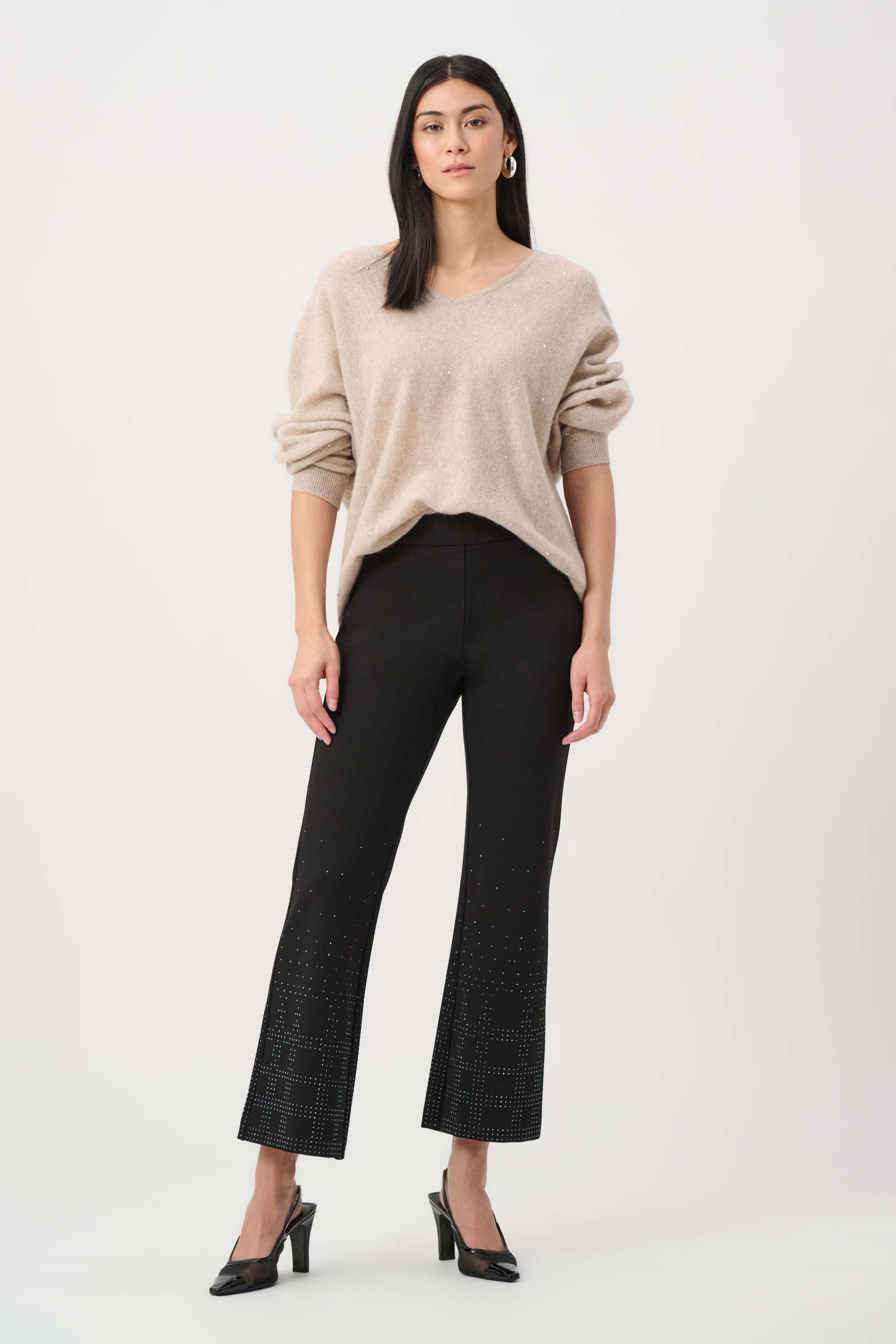 Heavy Knit Flared Pull-On Pants With Rhinestone Detail
