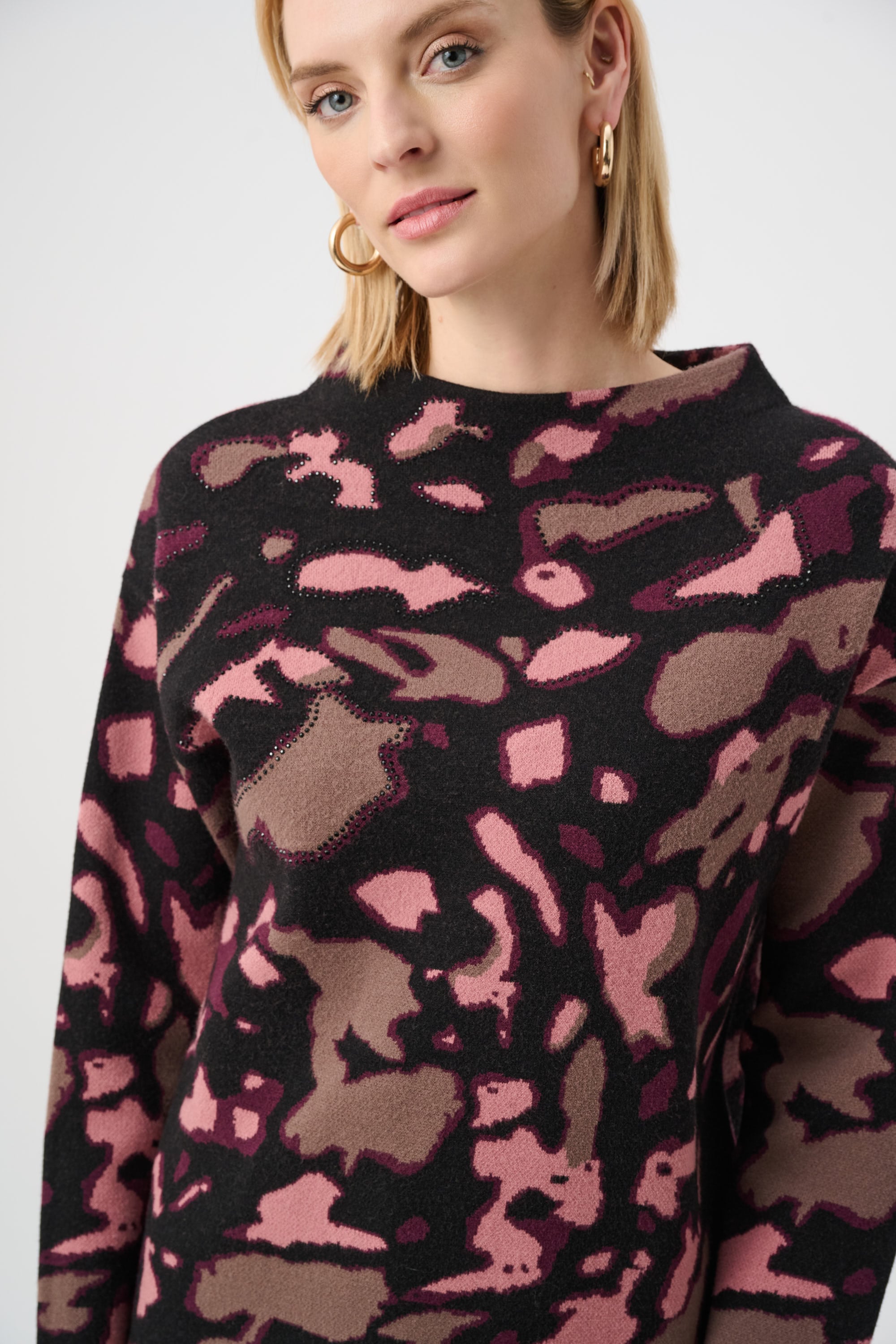 Abstract Jacquard Sweater With Rhinestone Detail