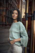 Brushed Viscose And Nylon Knit Tulip Sleeve Sweater