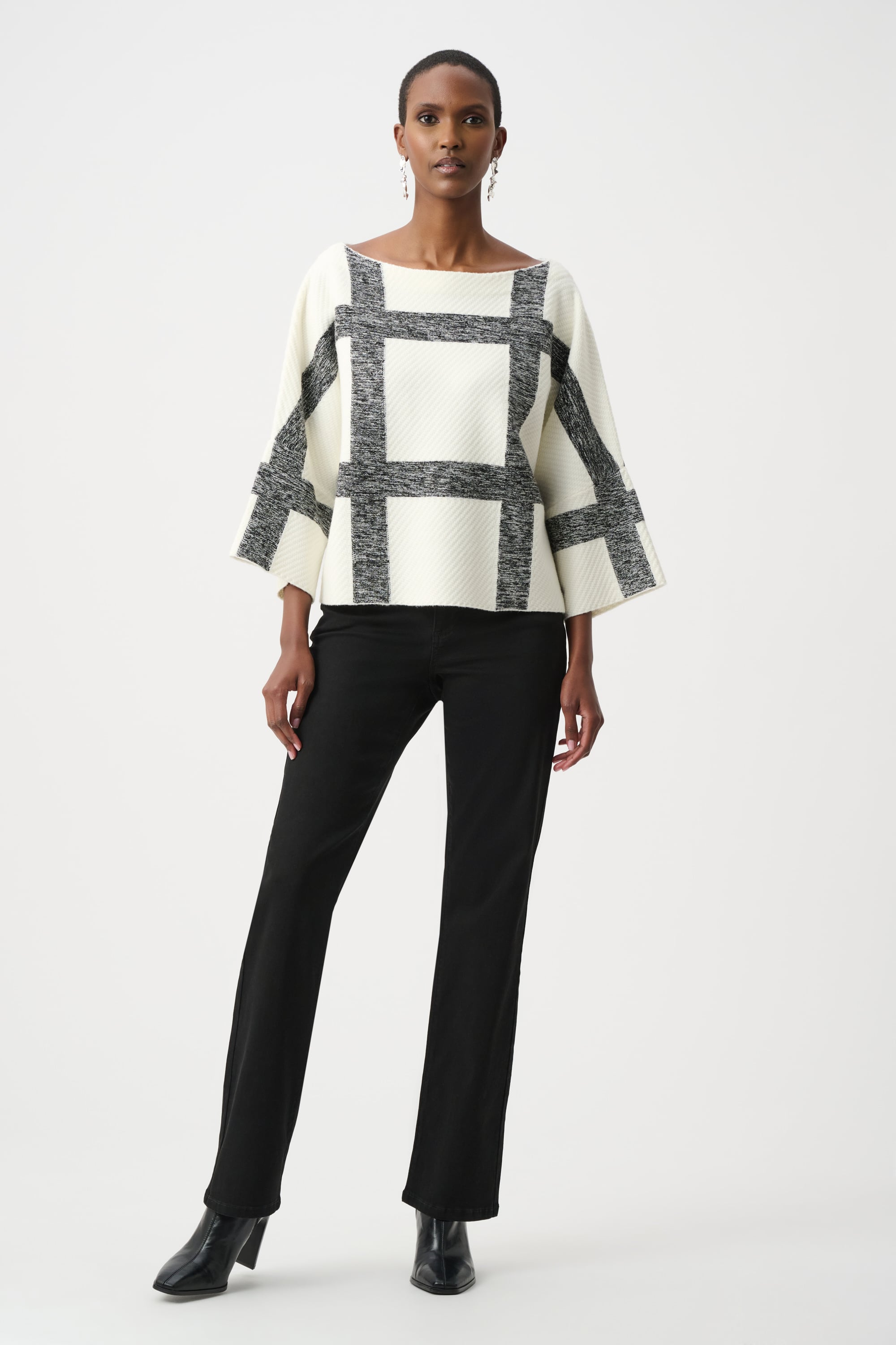 Brushed Viscose And Nylon Plaid Boat-Neck Sweater