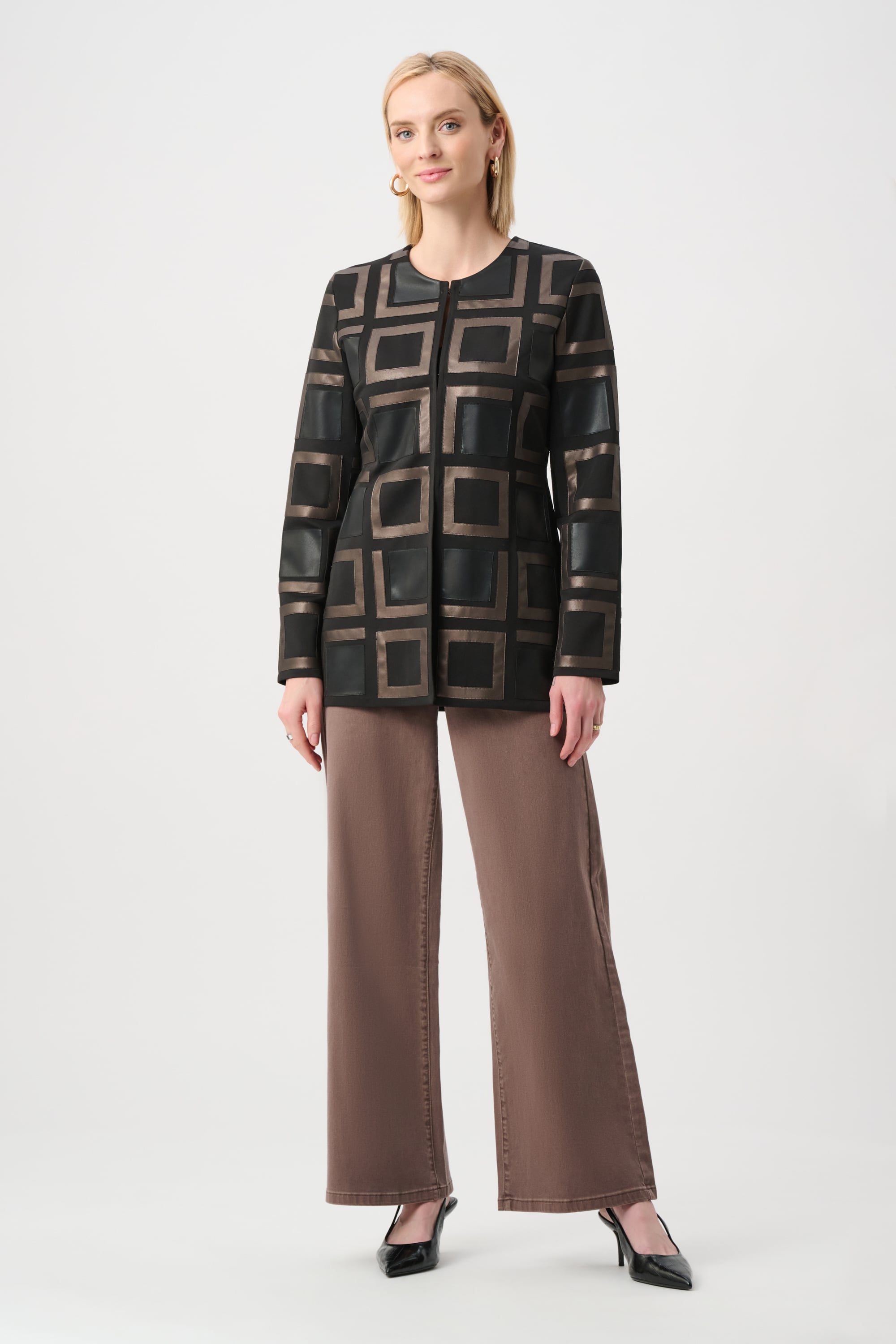 Leatherette and Scuba Collarless Two-Tone Jacket