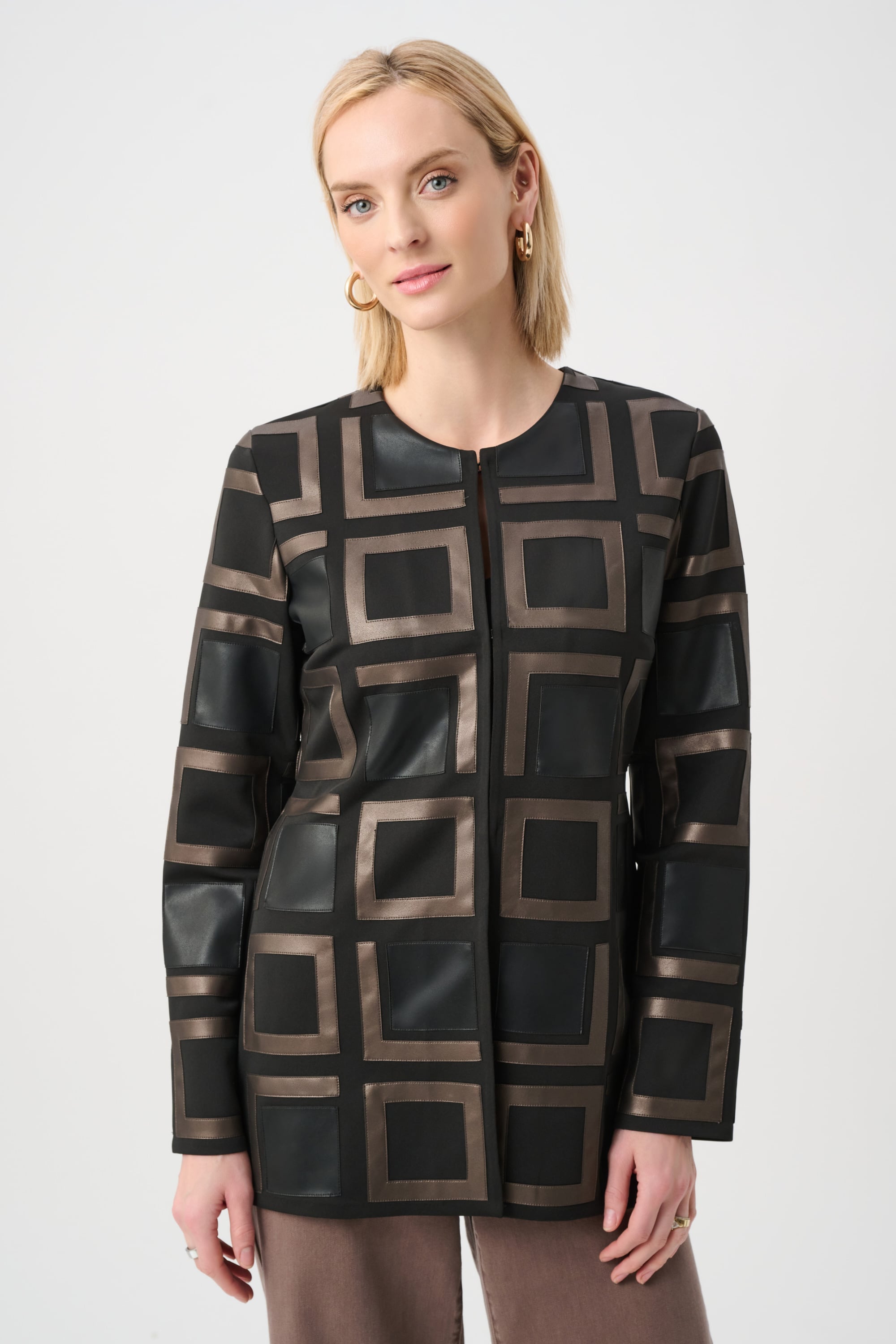 Leatherette and Scuba Collarless Two-Tone Jacket