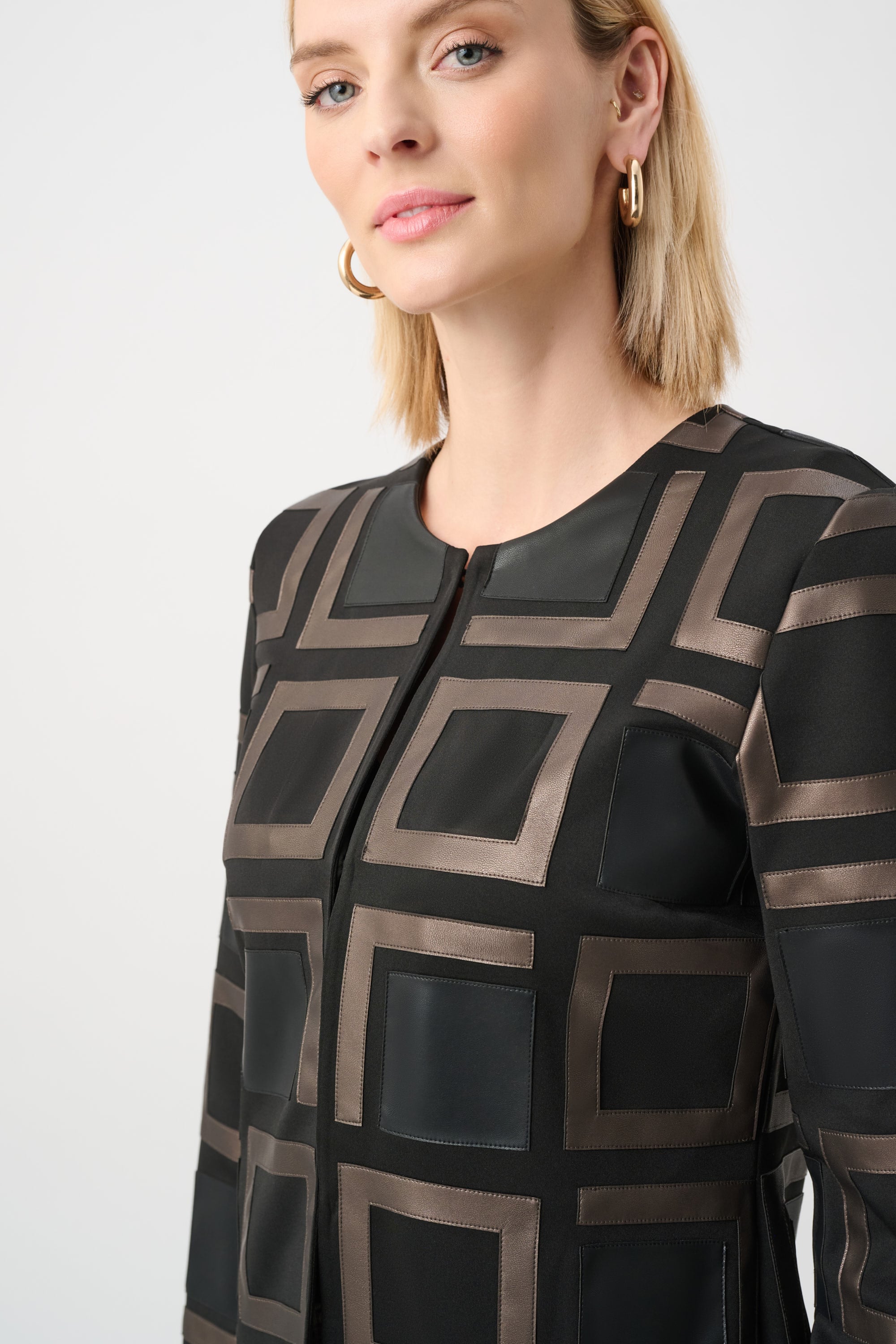 Leatherette and Scuba Collarless Two-Tone Jacket