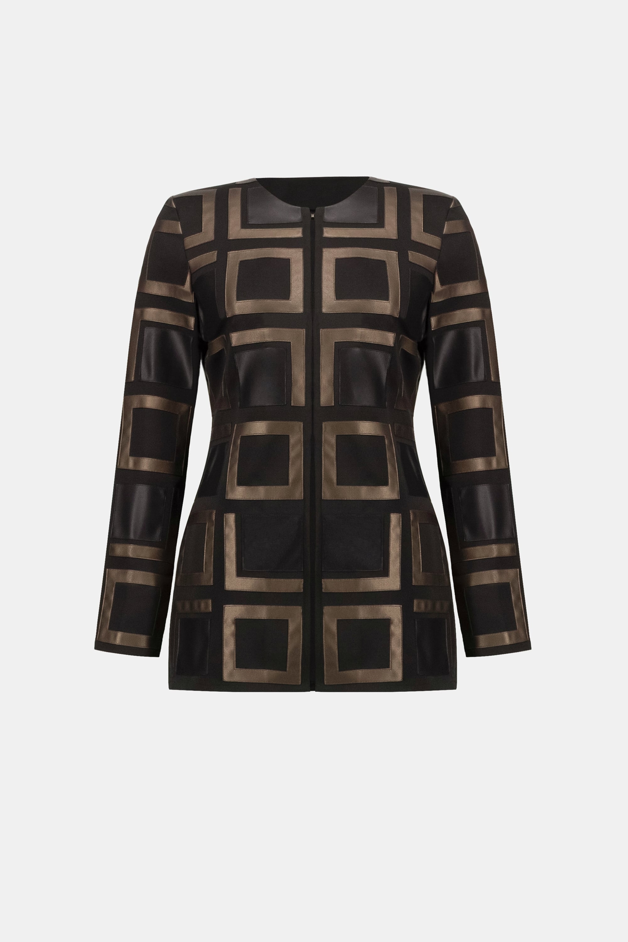 Leatherette and Scuba Collarless Two-Tone Jacket
