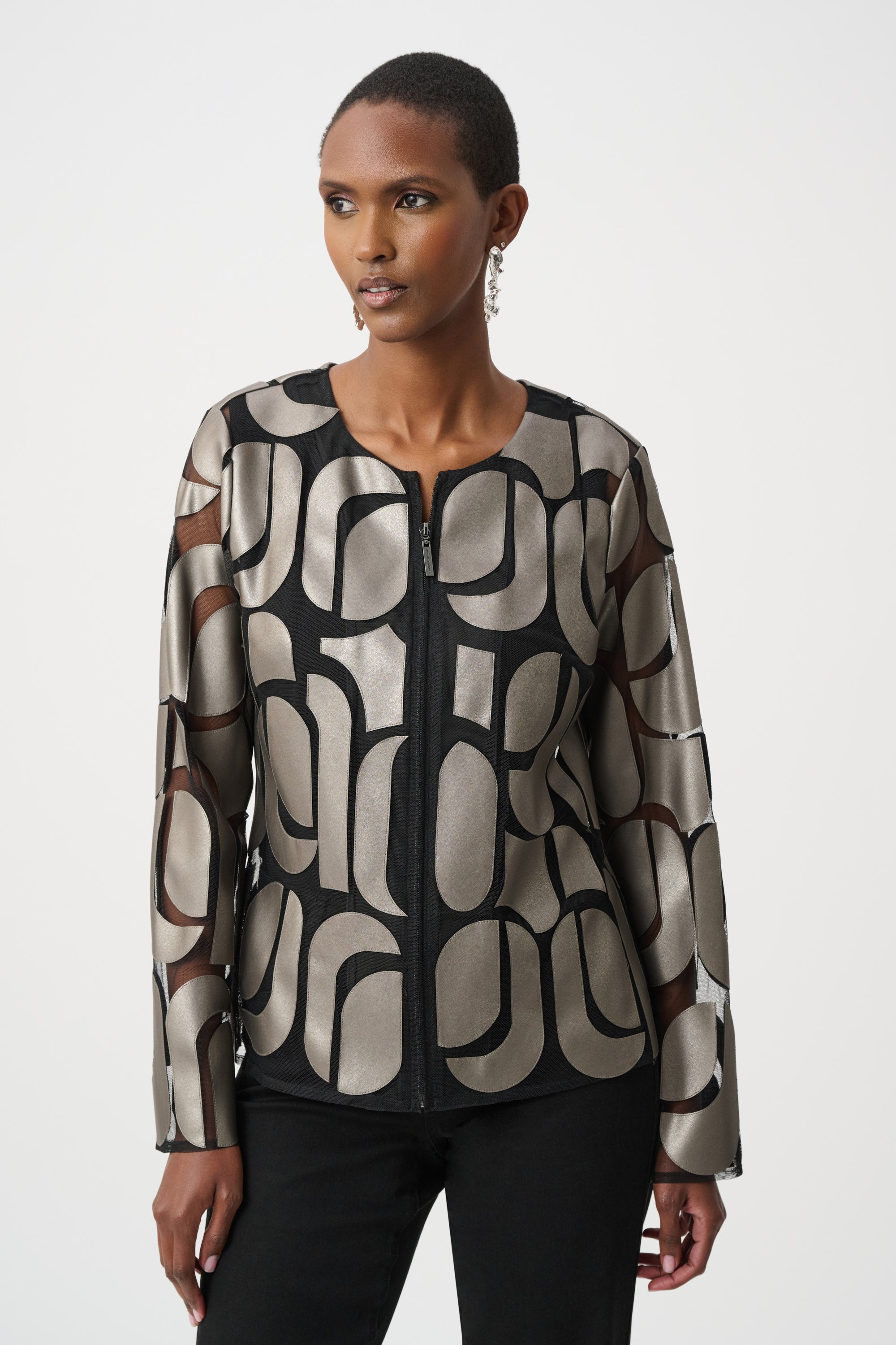 Leatherette And Mesh Embroidered Jacket