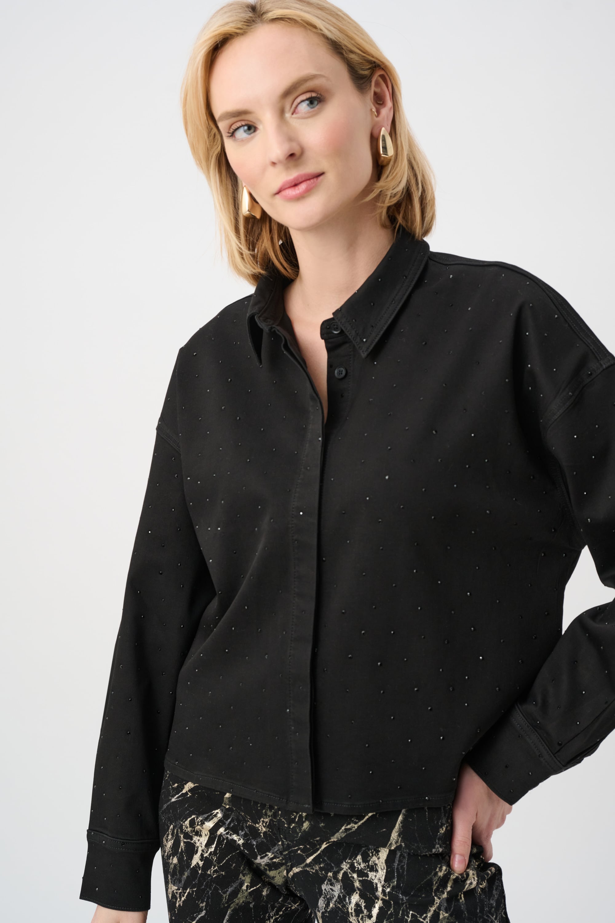 Featherweave Denim Cropped Blouse With Rhinestone Detail