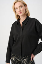 Featherweave Denim Cropped Blouse With Rhinestone Detail