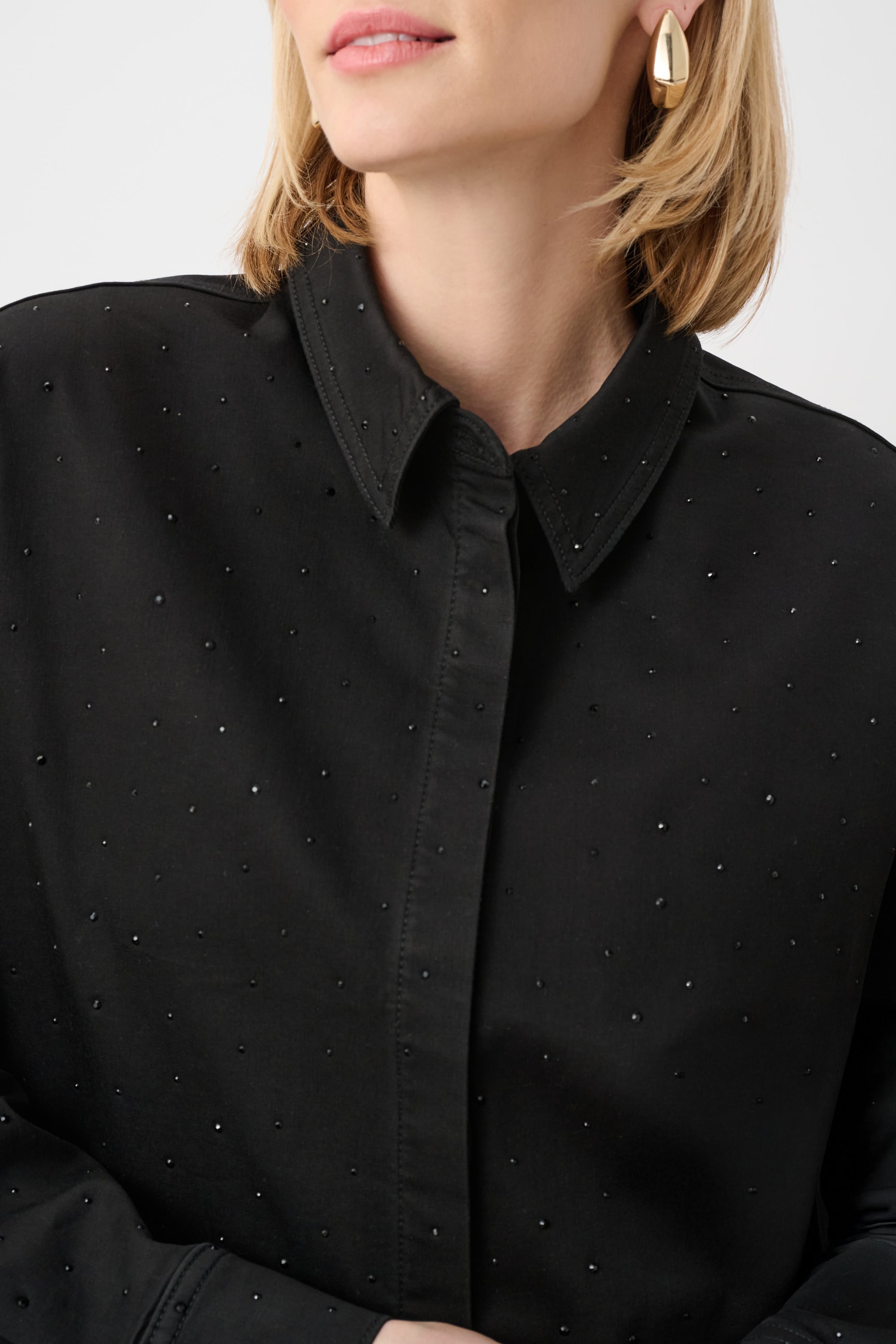 Featherweave Denim Cropped Blouse With Rhinestone Detail