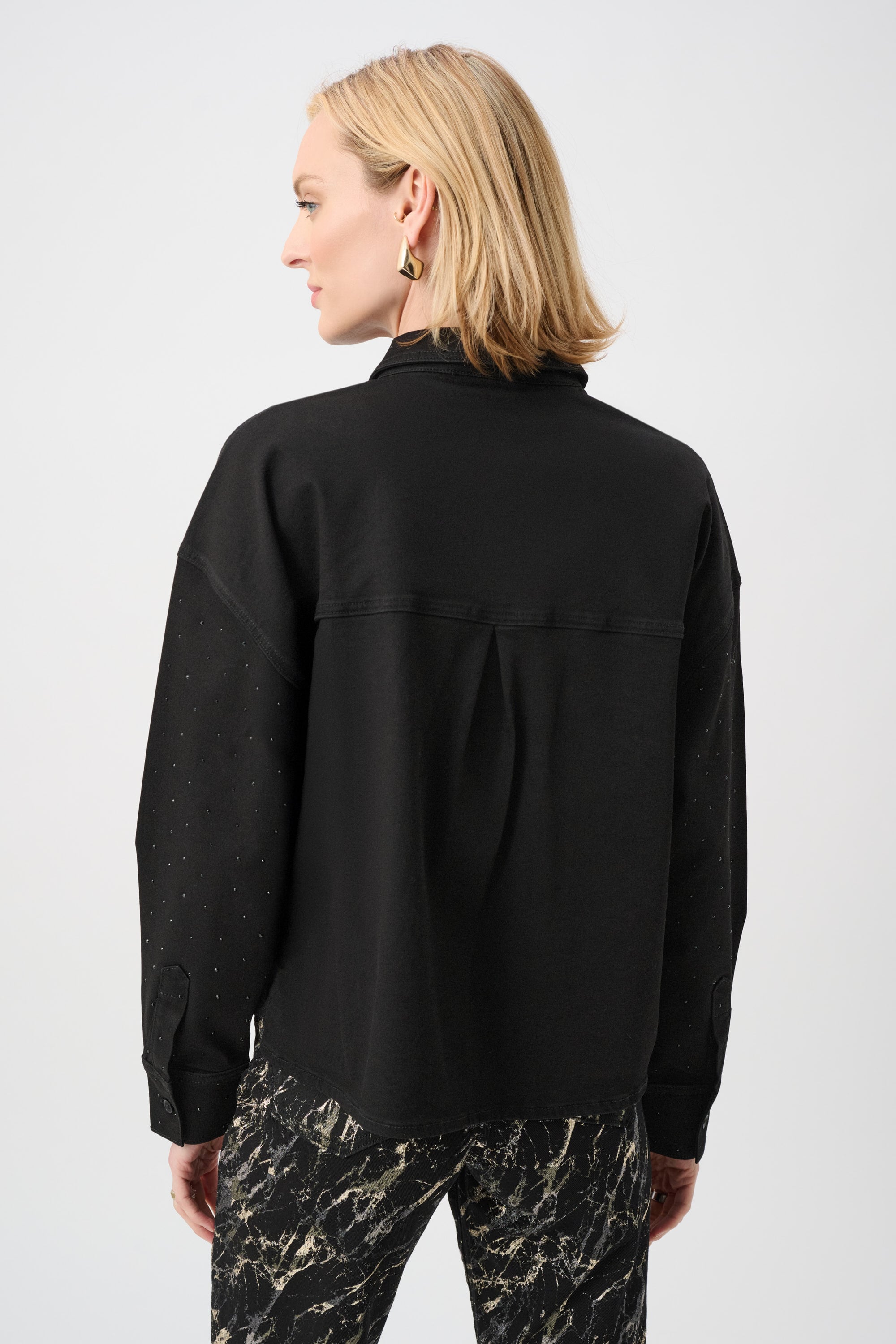 Featherweave Denim Cropped Blouse With Rhinestone Detail