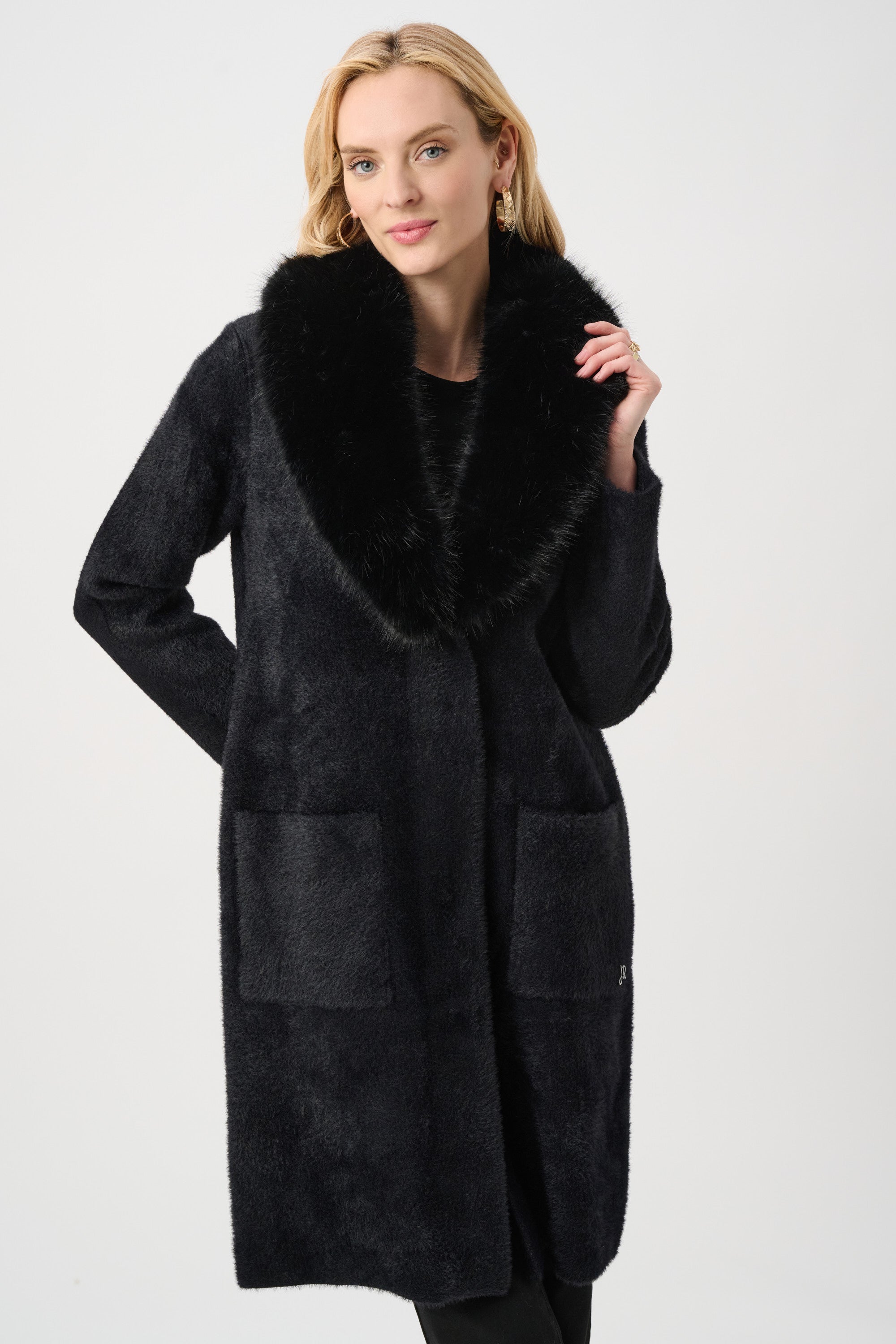 Feather Yarn Knit Coat With Detachable Faux Fur Collar