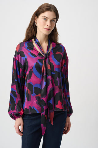 Joseph Ribkoff Animal Print Satin Tie-Neck Top-264206