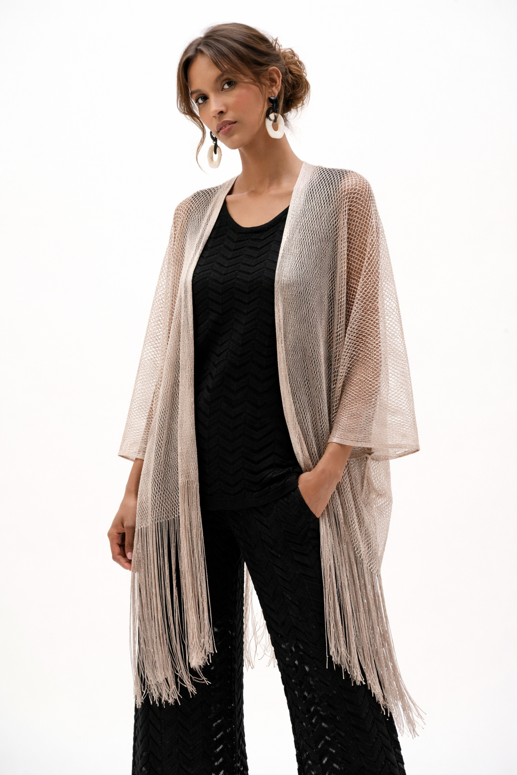 Joseph Ribkoff Woven Open Stitch Draped Cover-Up With Fringe-262973