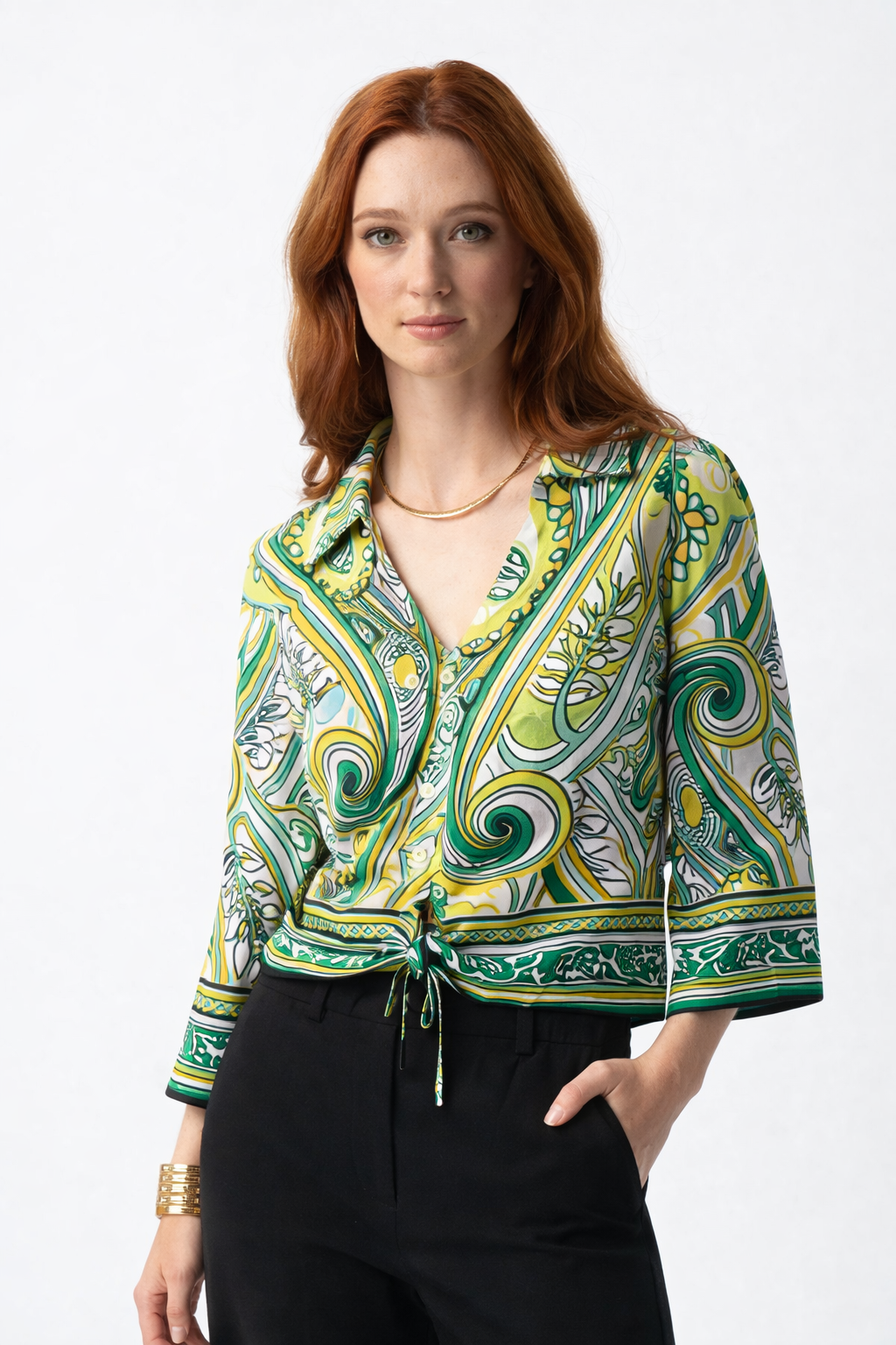Joseph Ribkoff Woven Paisley Print Front Tie Top | Unique Apparel USA