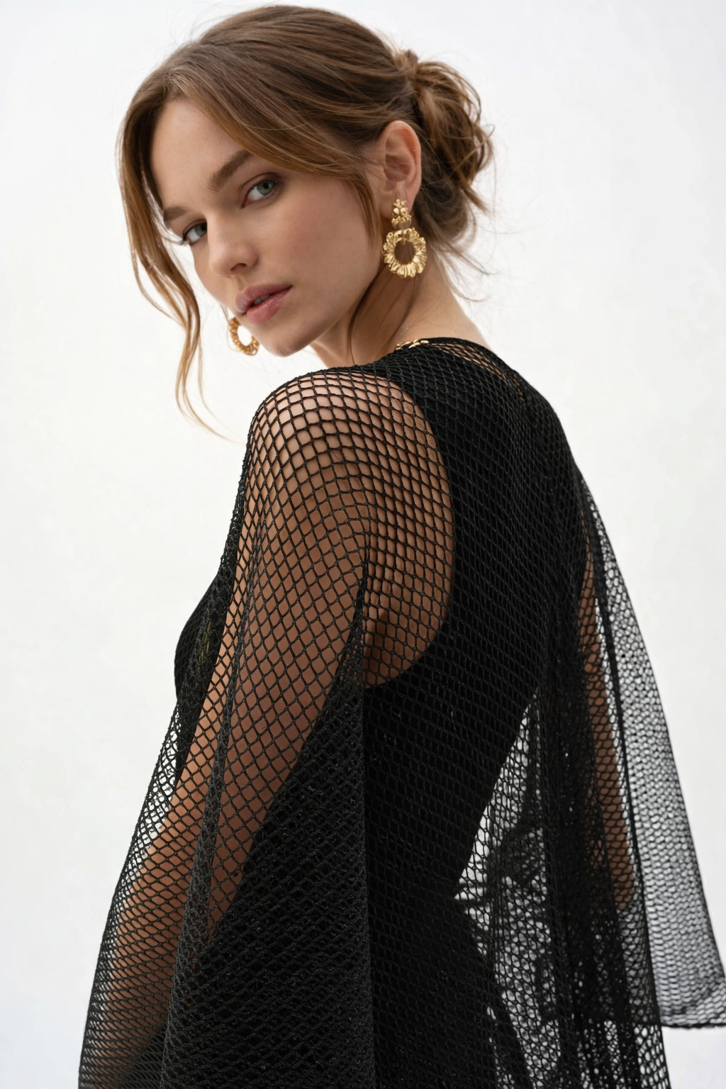 Joseph Ribkoff Woven Open Stitch Draped Cover-Up With Fringe-262973-B