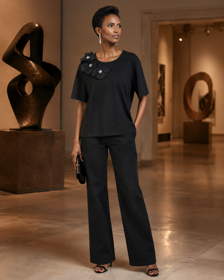 Joseph Ribkoff Rayon And Nylon T-Shirt With Memory Flower Detail-263925