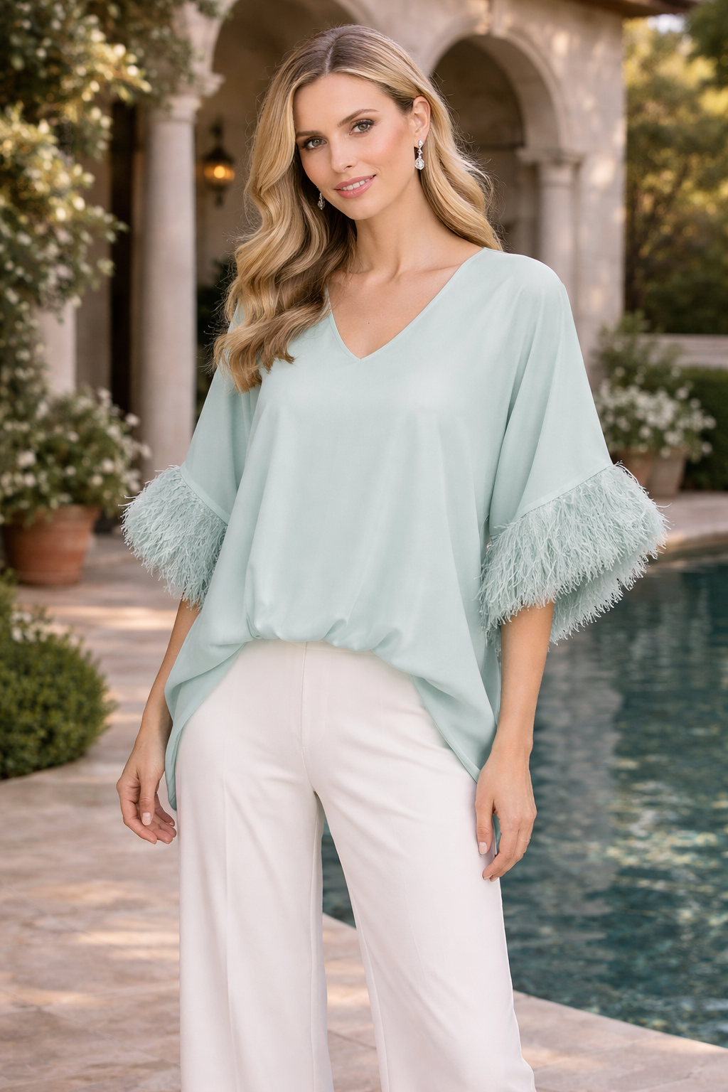 Joseph Ribkoff Signature | Chiffon Knit Poncho Top With Novelty Trim-262711