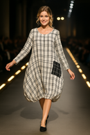 Moonlight Black and White Plaid Balloon Dress with Contrast Pocket-3973