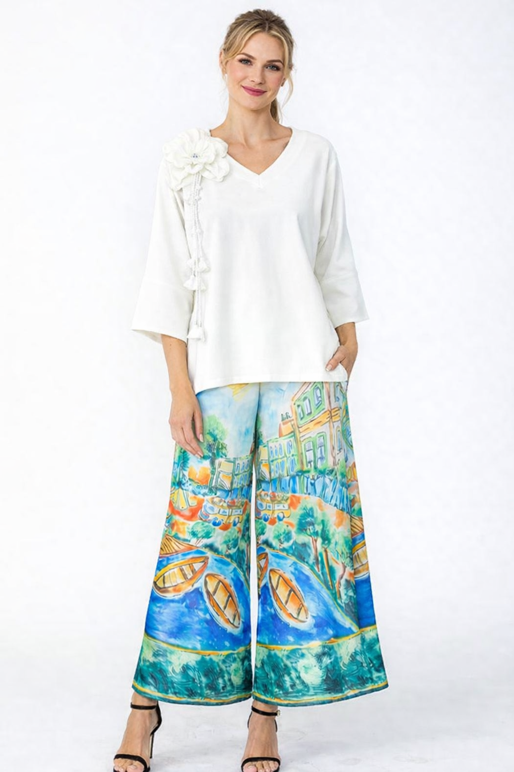 IC Collection Floral Appliqué V-Neck Top | Unique Apparel USA