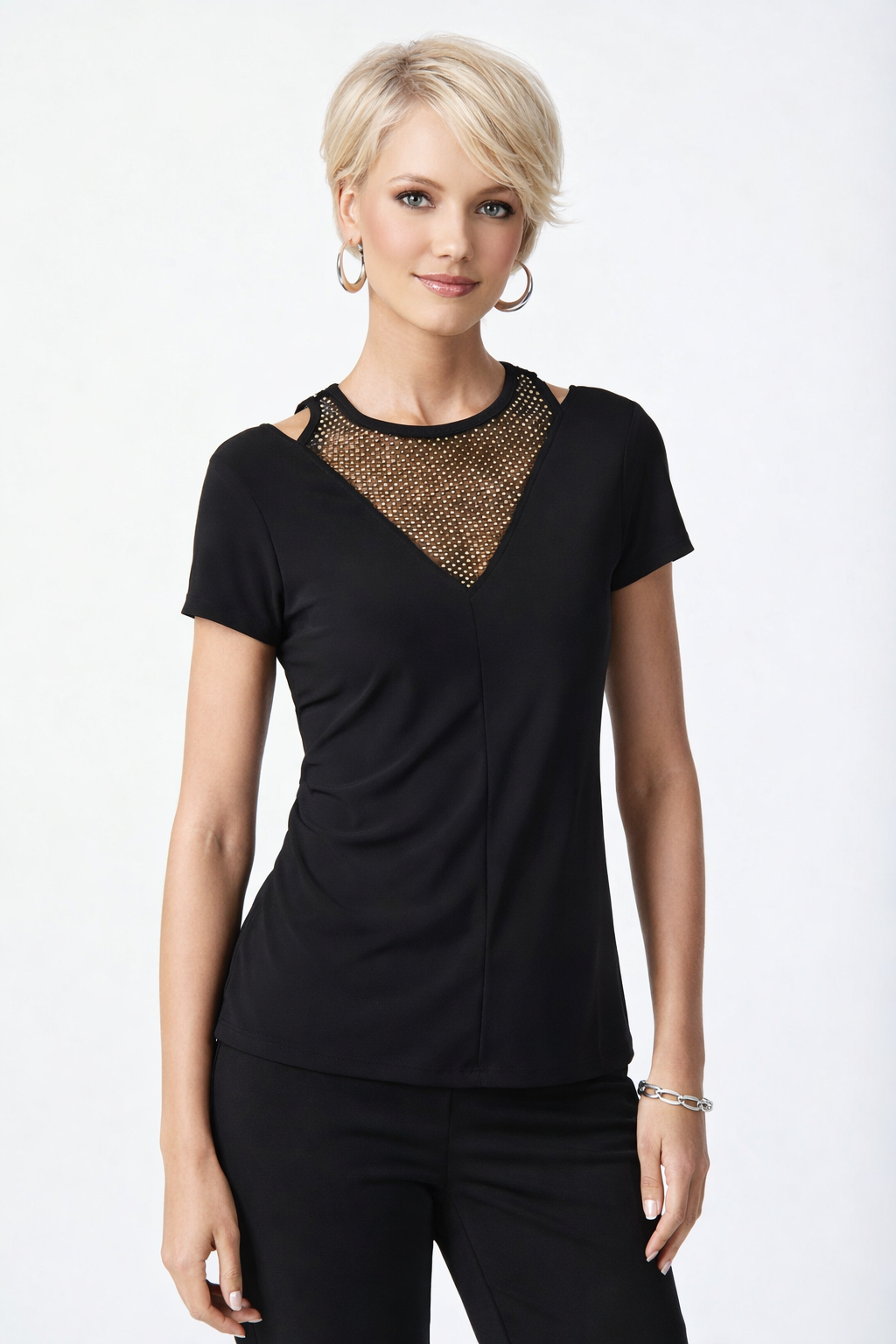 Joseph Ribkoff Black Top with Rhinestone Mesh | Unique Apparel USA