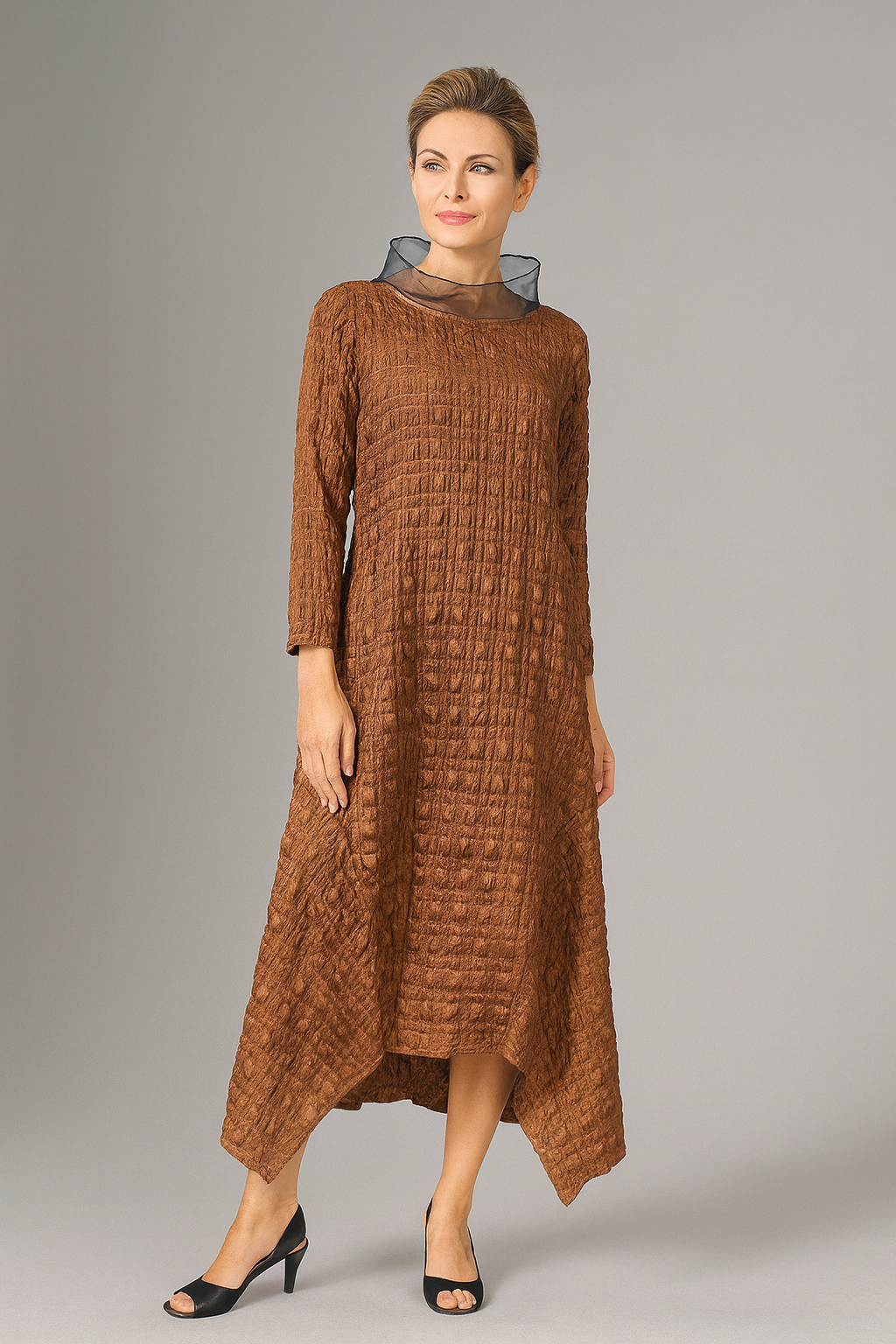 IC Collection Chiffon-Collar Asymmetrical Hem Dress-7181D