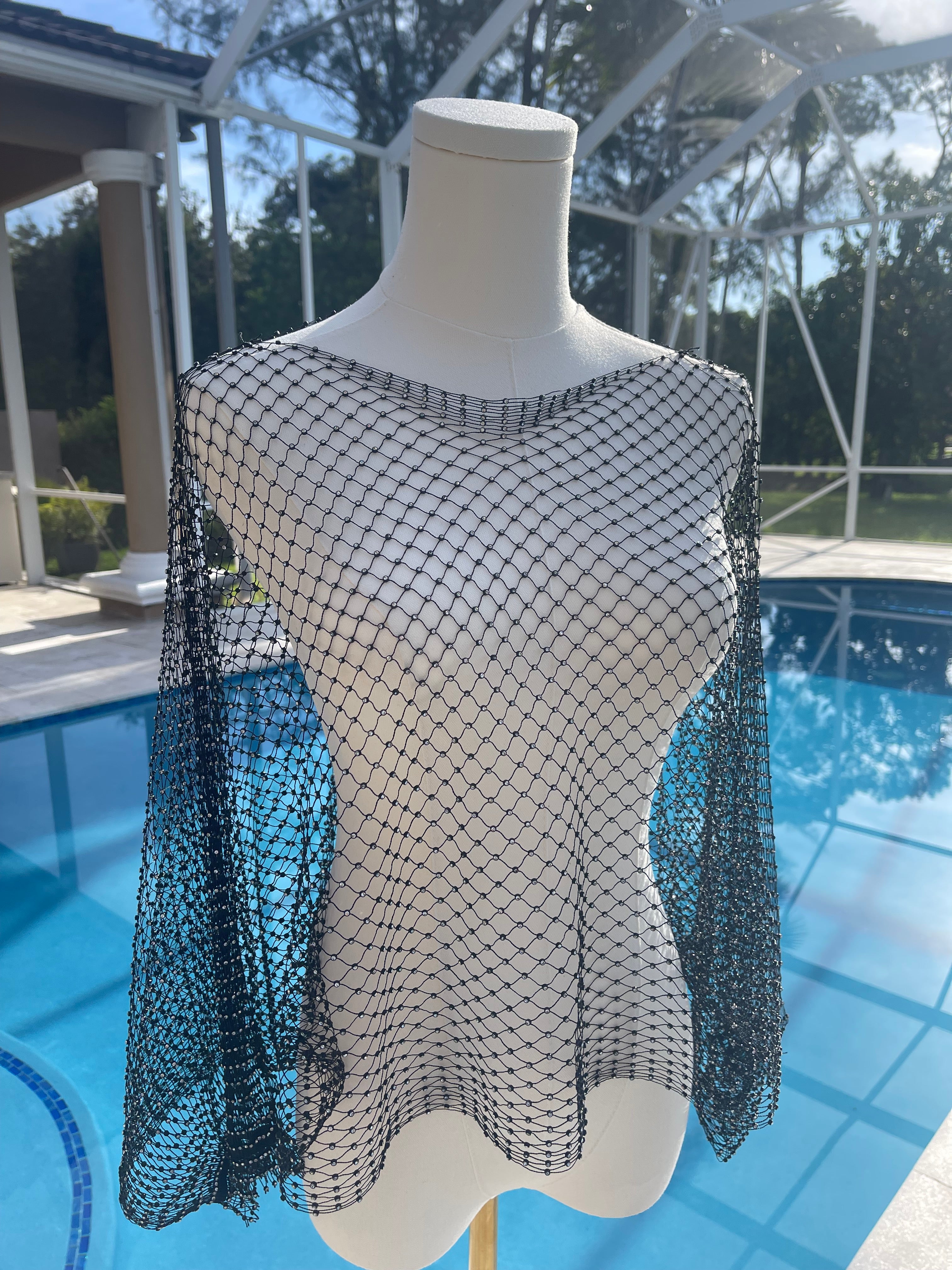 Gardy Rhinestone Mesh Crop Poncho Top-9811