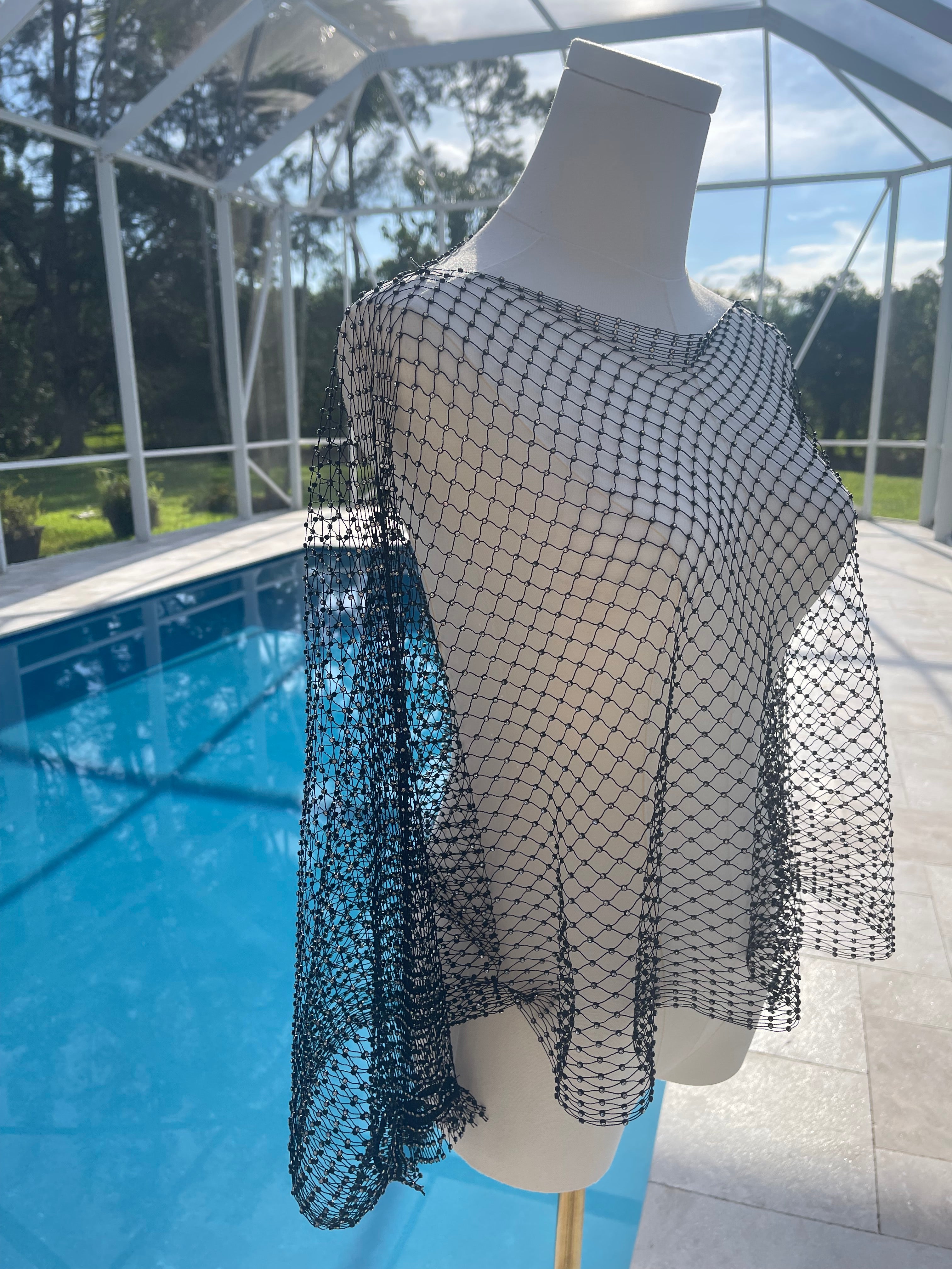 Gardy Rhinestone Mesh Crop Poncho Top-9811