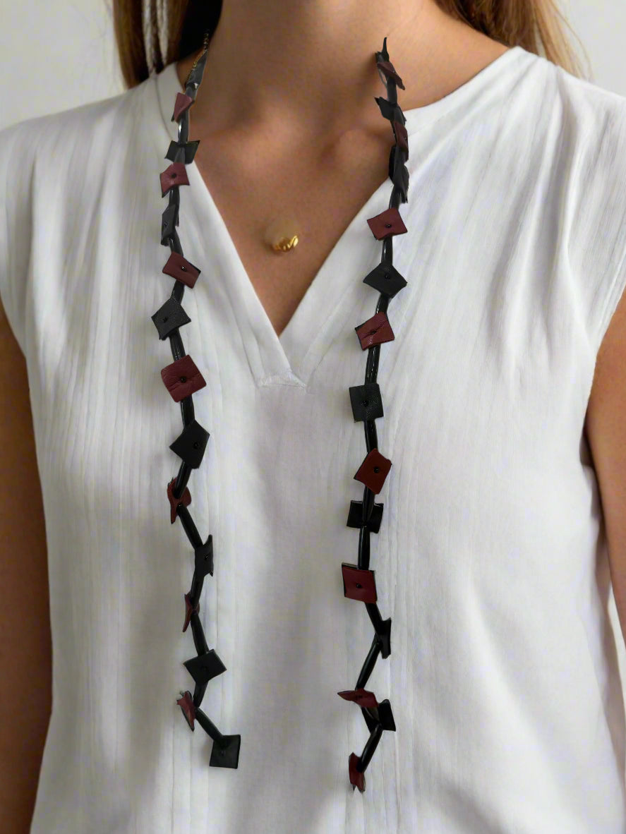Leather and Black Long Bead Necklace-NKL-125