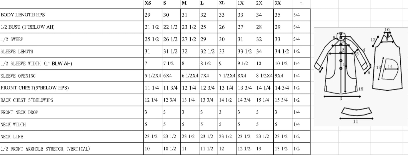 Oopera raincoat size chart: body length, bust, sweep, sleeve and chest measurements for sizes XS to 3X