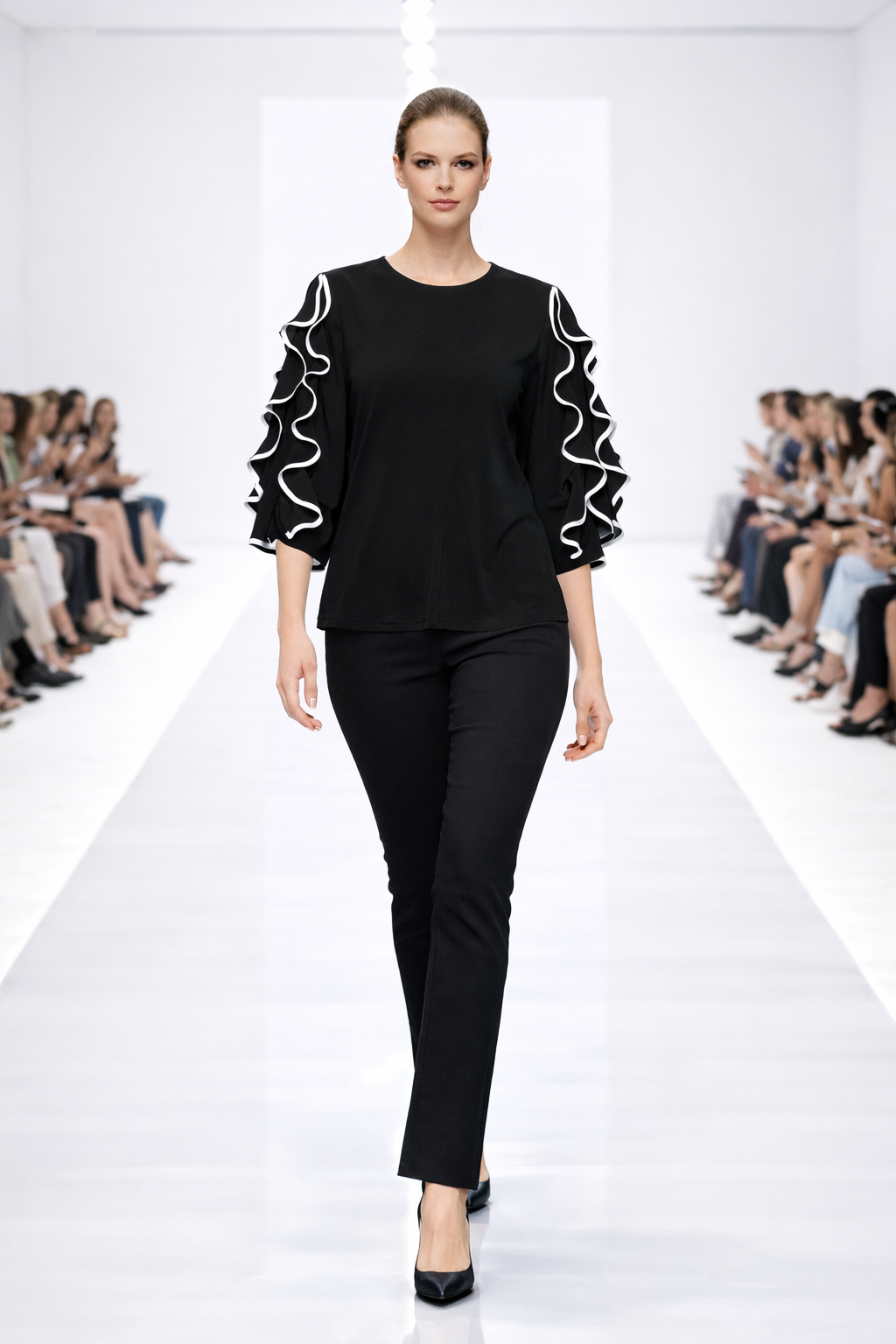 Joseph Ribkoff Silky Knit Top with Chiffon Ruffled Sleeves-261009