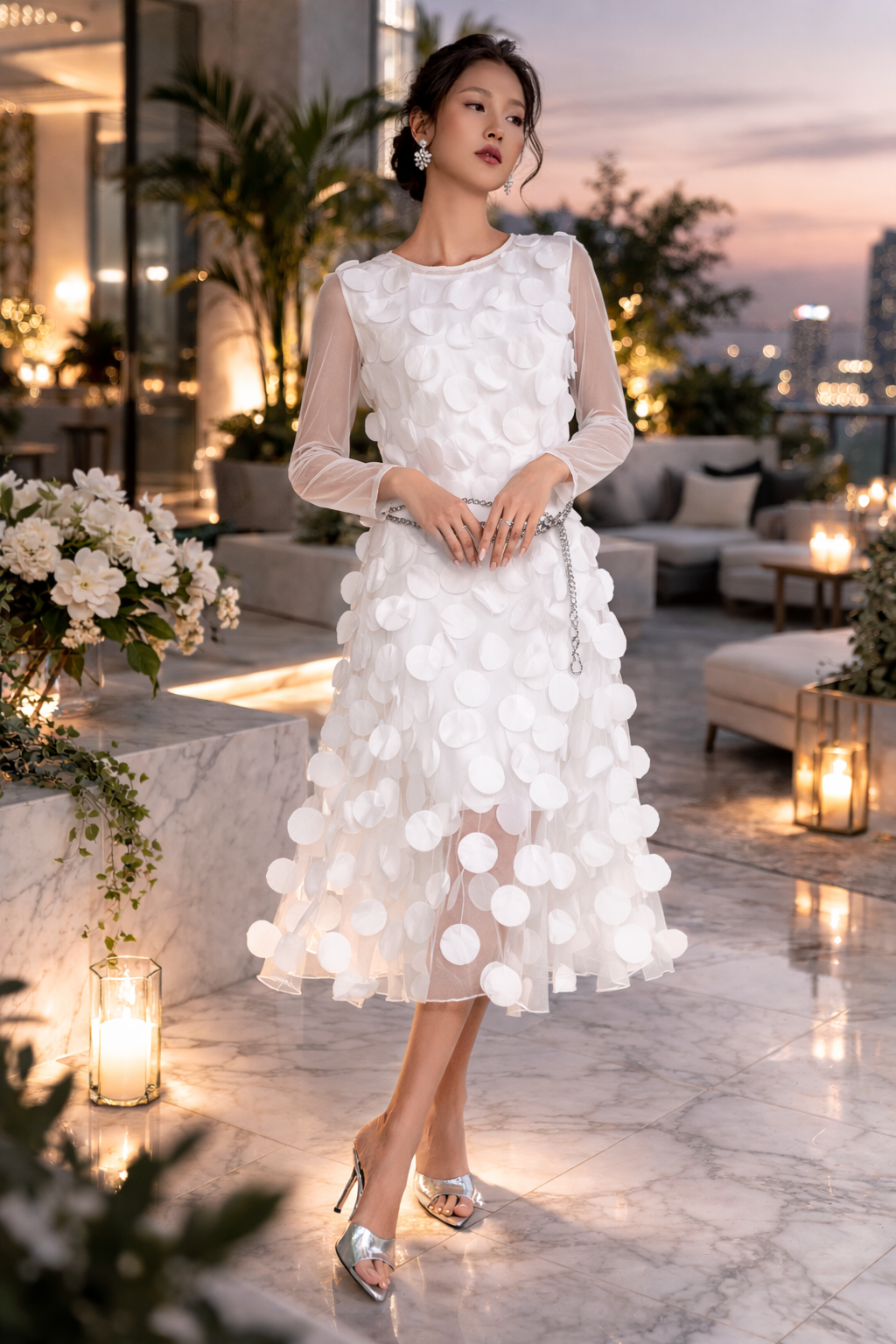 IC Collection Mesh Sleeve Petal Dress 6472D