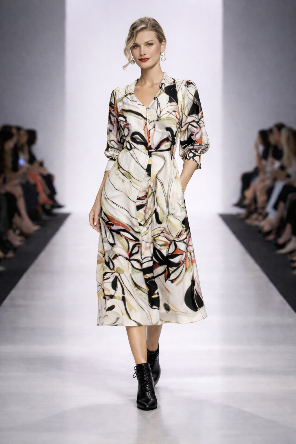 IC Collection Abstract Puff Sleeve Midi Dress-7436D