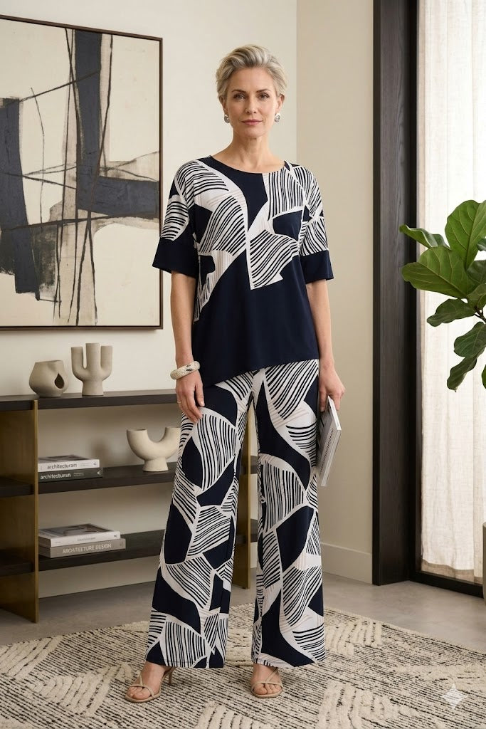 Joseph Ribkoff Silky Knit Geometric Print Wide Leg Pull-On Pants-261139