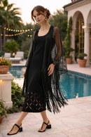 Joseph Ribkoff Woven Open Stitch Draped Cover-Up With Fringe-262973-B